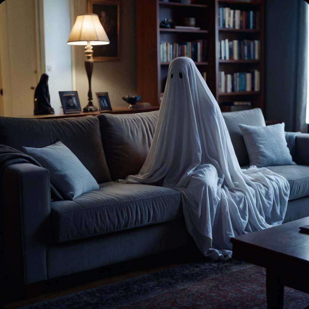 cinematic film still of side view cinematic film style a ghost is covering a couch in a living room,  perfect image,  perf...