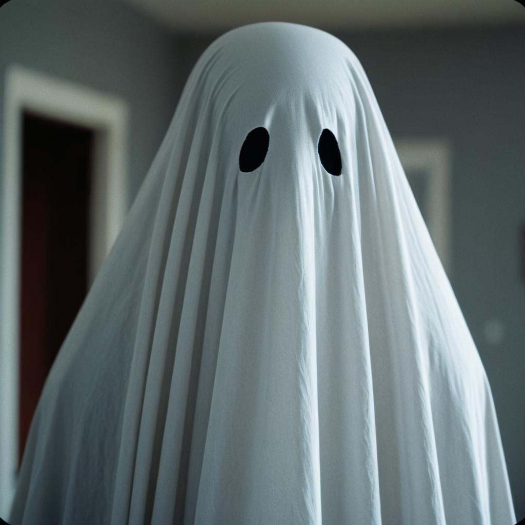 analog film photo of closeup cinematic film style a ghost with a sheet covering his face reading a small paper,  perfect i...