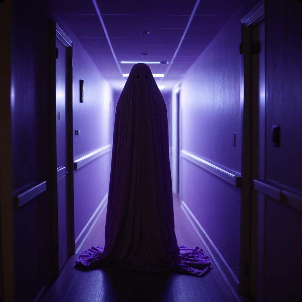 cinematic film still of purple themed cinematic film style a ghost from behind standing in a hallway with a purple light,...