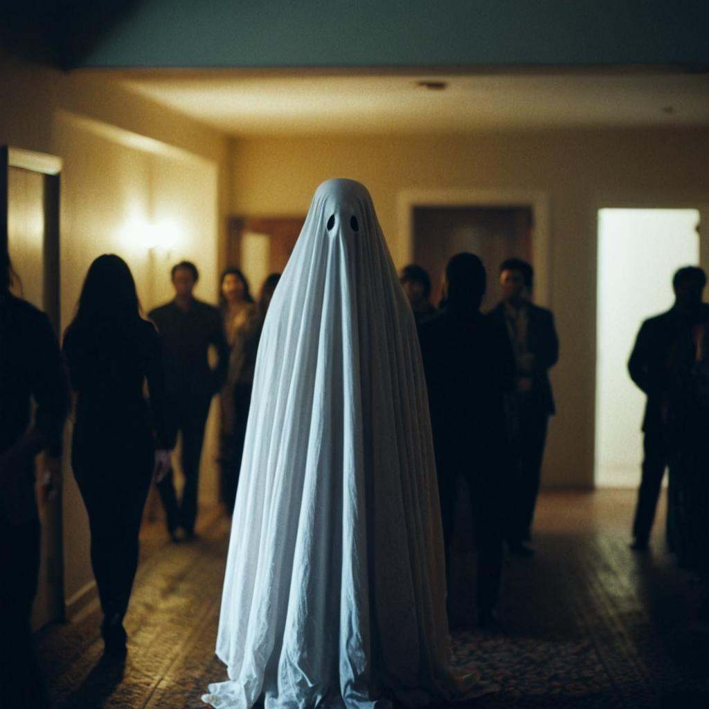 analog film photo of warm cinematic film style a ghost standing in a room full of people,  perfect image,  perfect body on...