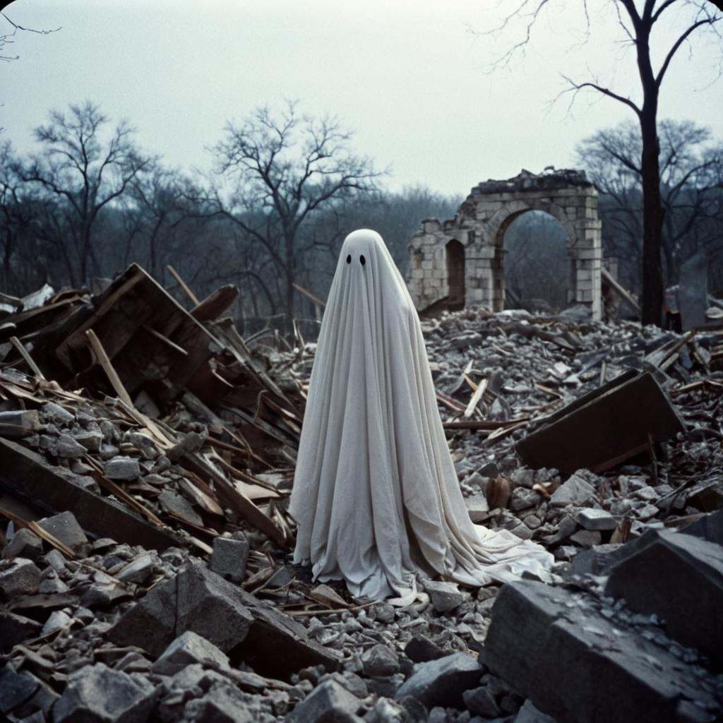 analog film photo of overcast cinematic film style a ghost standing in a pile of rubble,  perfect image,  perfect body on...