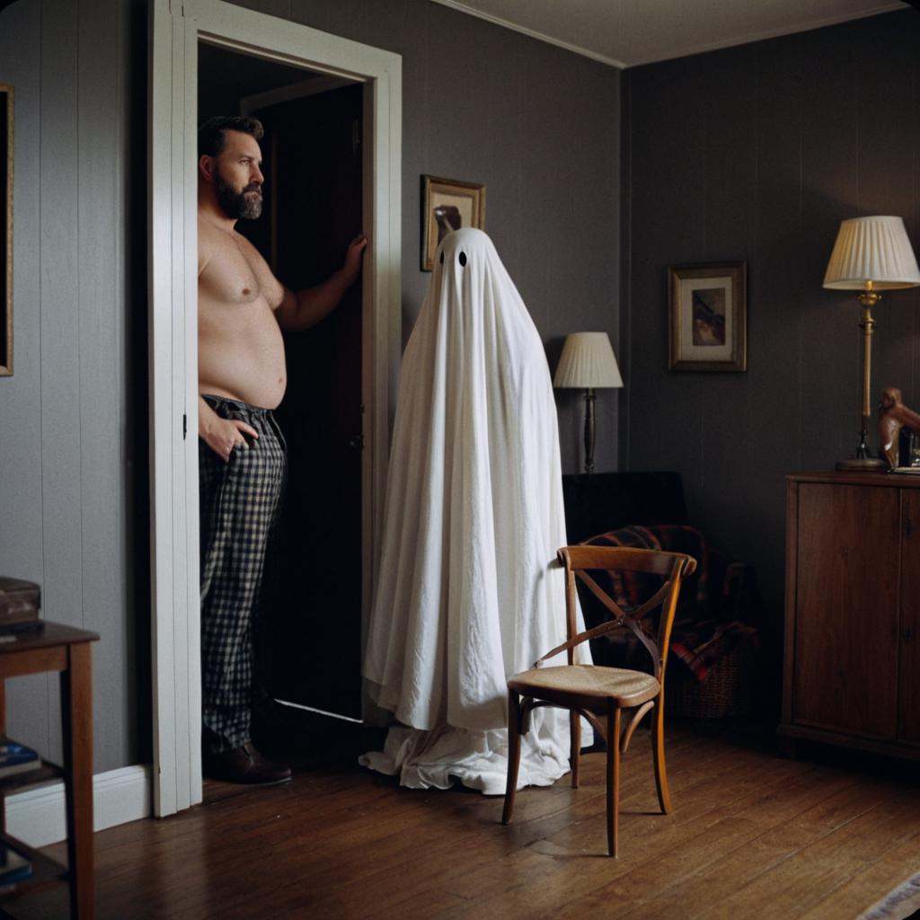 analog film photo of warm cinematic film style a man standing in a dark room with a ghost sitting on a chair next to him,...