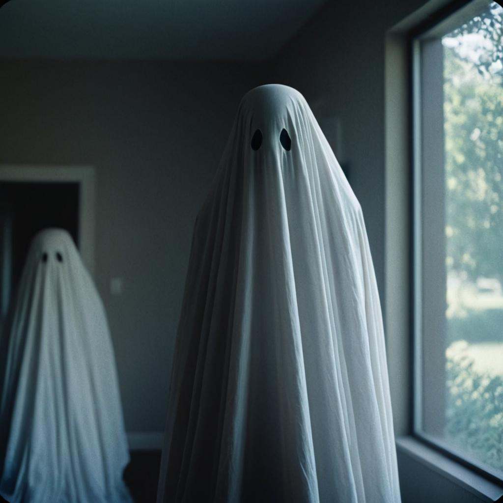 analog film photo of from below cinematic film style a ghost with eyes and a sheet covering it,  perfect image,  perfect b...