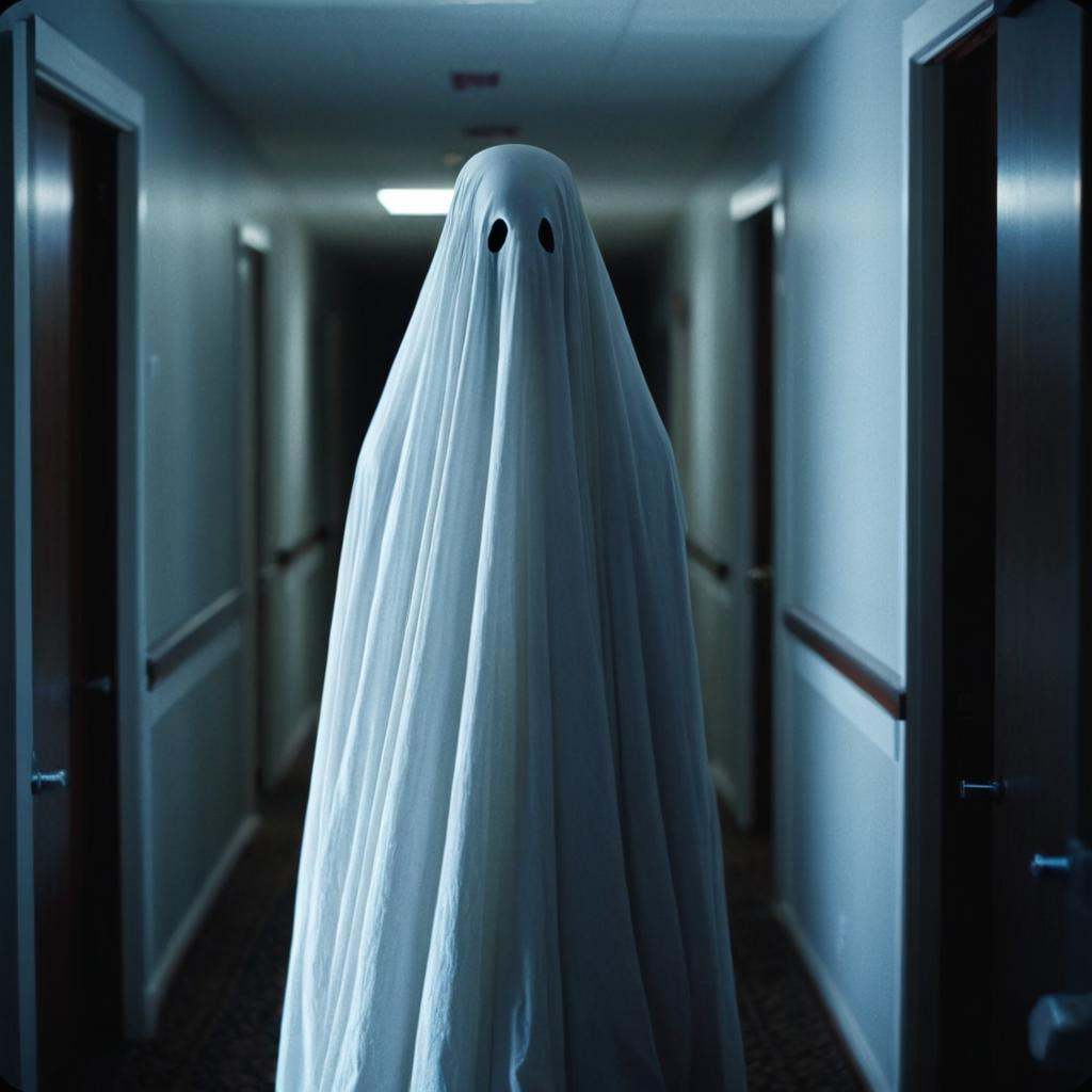 cinematic film still of profile side view cinematic film style a ghost in a blue veil is standing in a hallway,  perfect i...