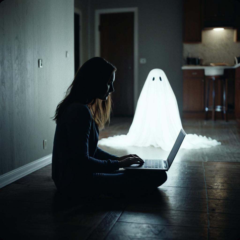 analog film photo of daylight cinematic film style a woman sitting on the floor looking at a laptop with a ghost in backgr...