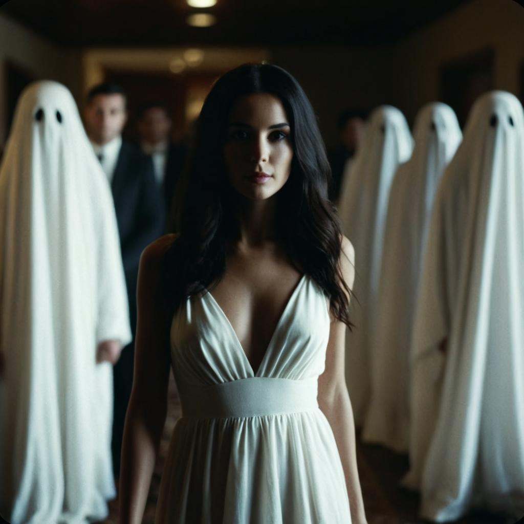 analog film photo of warm cinematic film style a woman in a white dress is standing in a room full of people,  perfect ima...