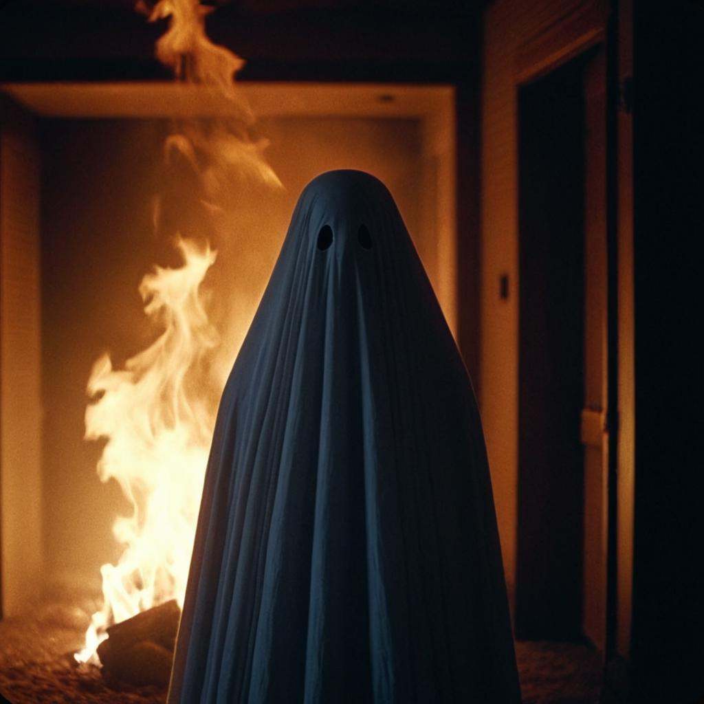 analog film photo of dark cinematic film style a ghost is standing in the dark with warm fire light shining on their face,...
