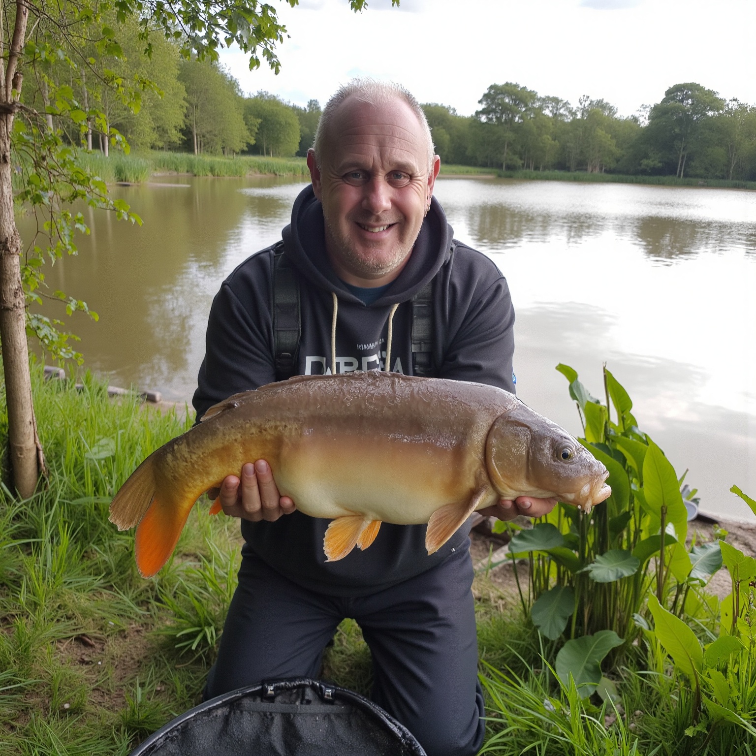 A high resolution professional portrait photograph of i4nwh1t3 man,  kneeling by a serene lake,  holding a large fish with...