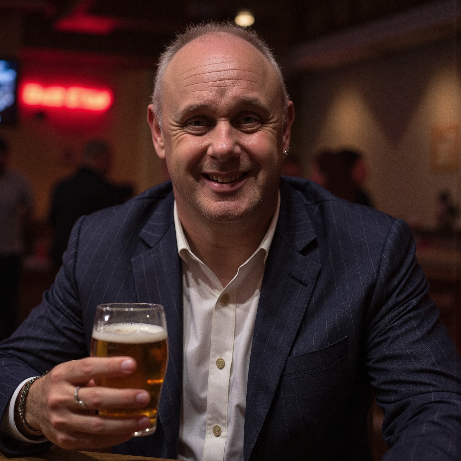 A high resolution professional portrait photograph of i4nwh1t3 man,  sitting at a bar holding a glass of beer,  wearing a...
