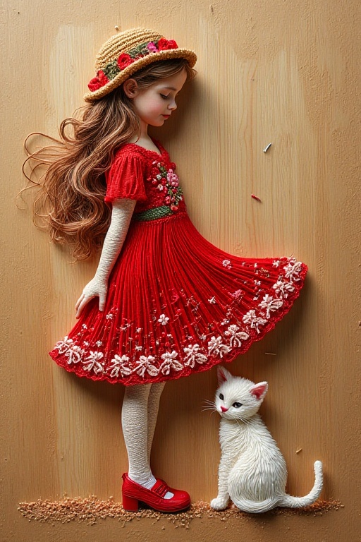 "Intricate nail and string art of [a young girl ,  long hair ,  boho red dress on Tensor.Art