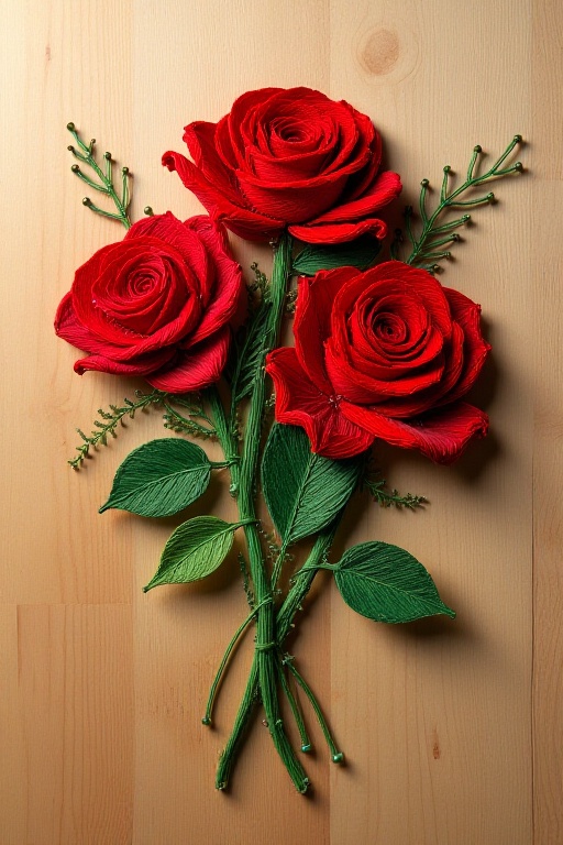 "Intricate nail and string art of [bouquet of red roses with graduent green leaves],  composed on a textured wooden board,...
