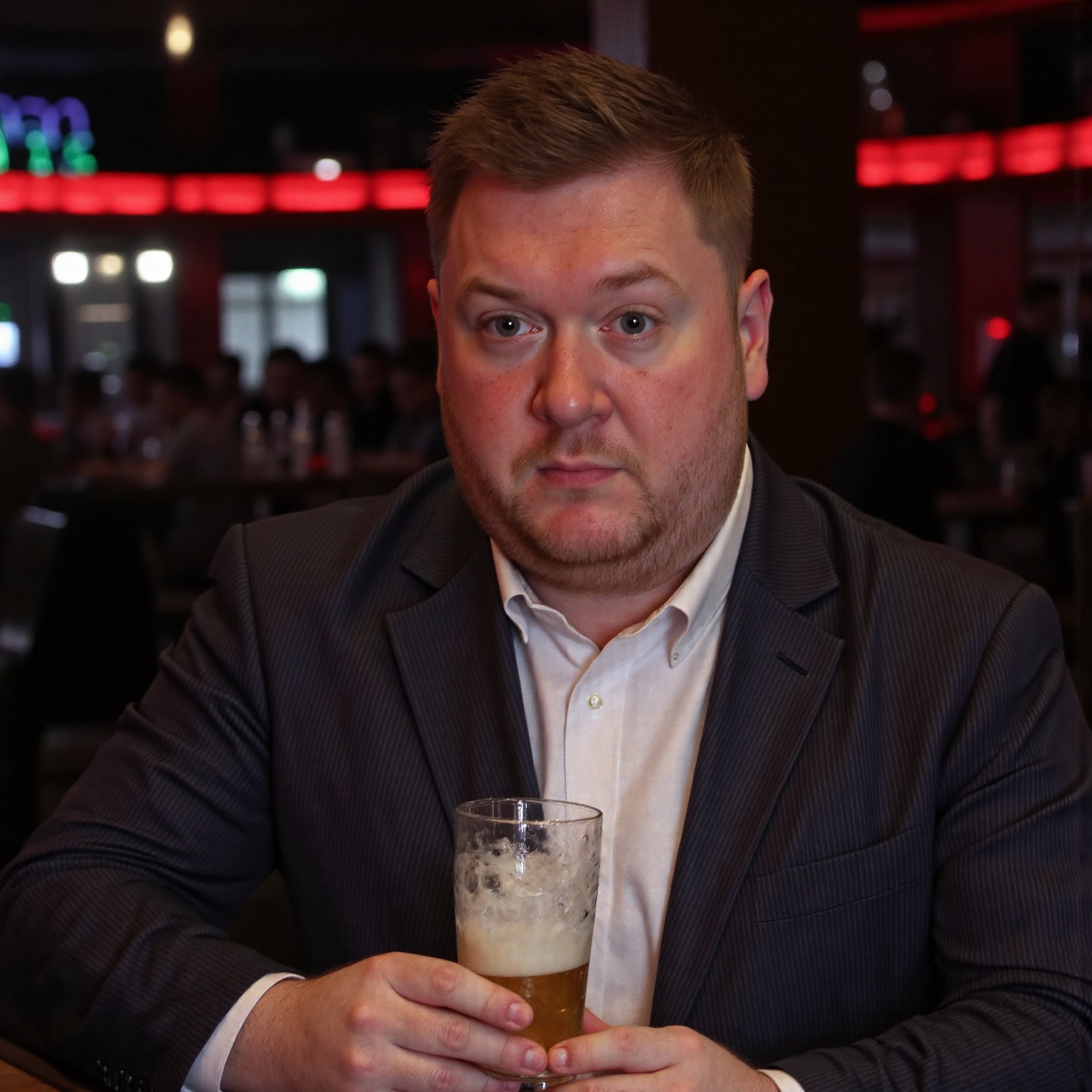 A high resolution professional portrait photograph of r1ck3v4ns man,  sitting at a bar holding a glass of beer,  wearing a...