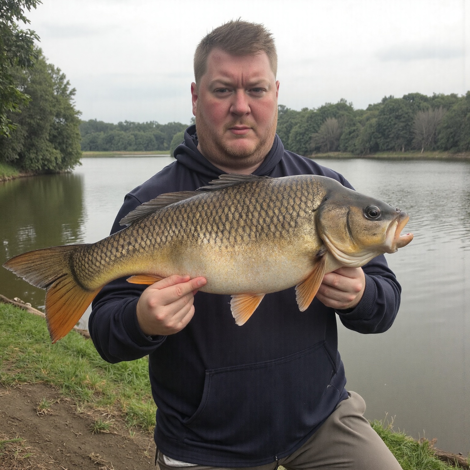 A high resolution professional portrait photograph of r1ck3v4ns man,  kneeling by a serene lake,  holding a large fish wit...
