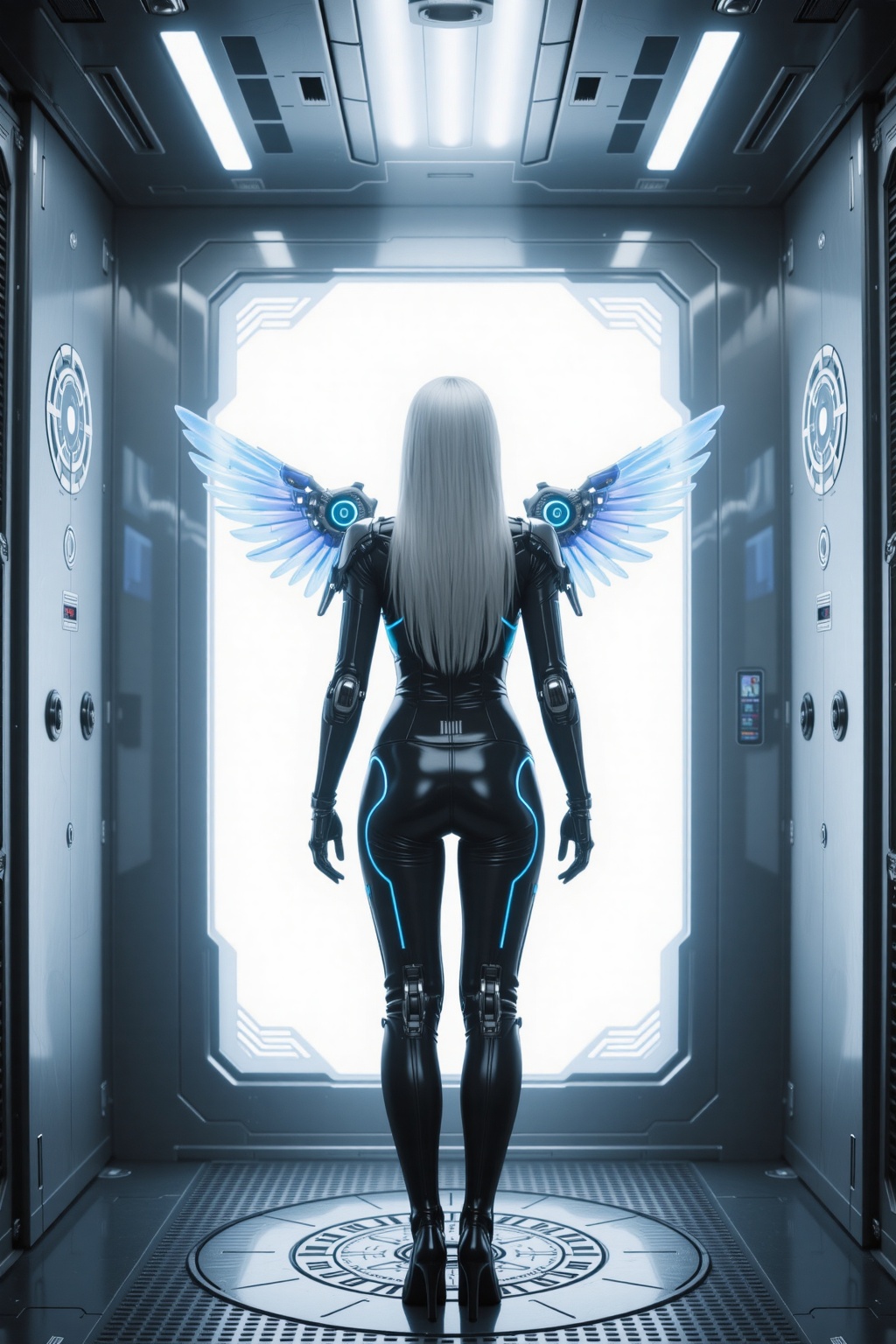 From a centered third-person rear perspective,  a cyber angel girl stands still in the center of a minimalist,  high-tech...