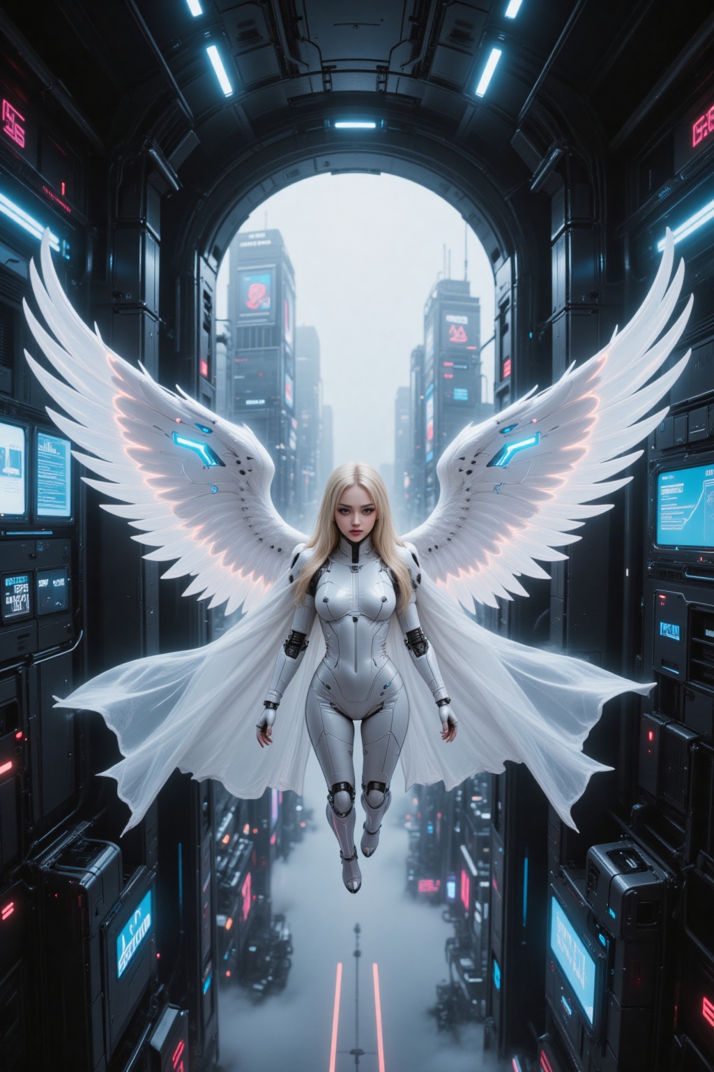 In a kinetic,  high-speed first-person perspective,  the legs of a cyber angel girl stretch away from the viewer on Tensor...