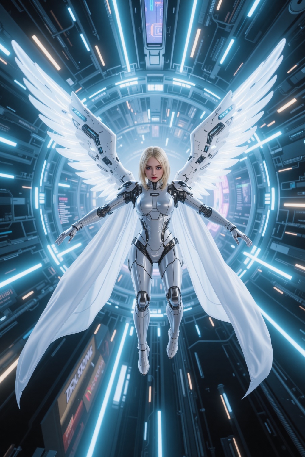 In a kinetic,  high-speed first-person perspective,  the legs of a cyber angel girl stretch away from the viewer on Tensor...