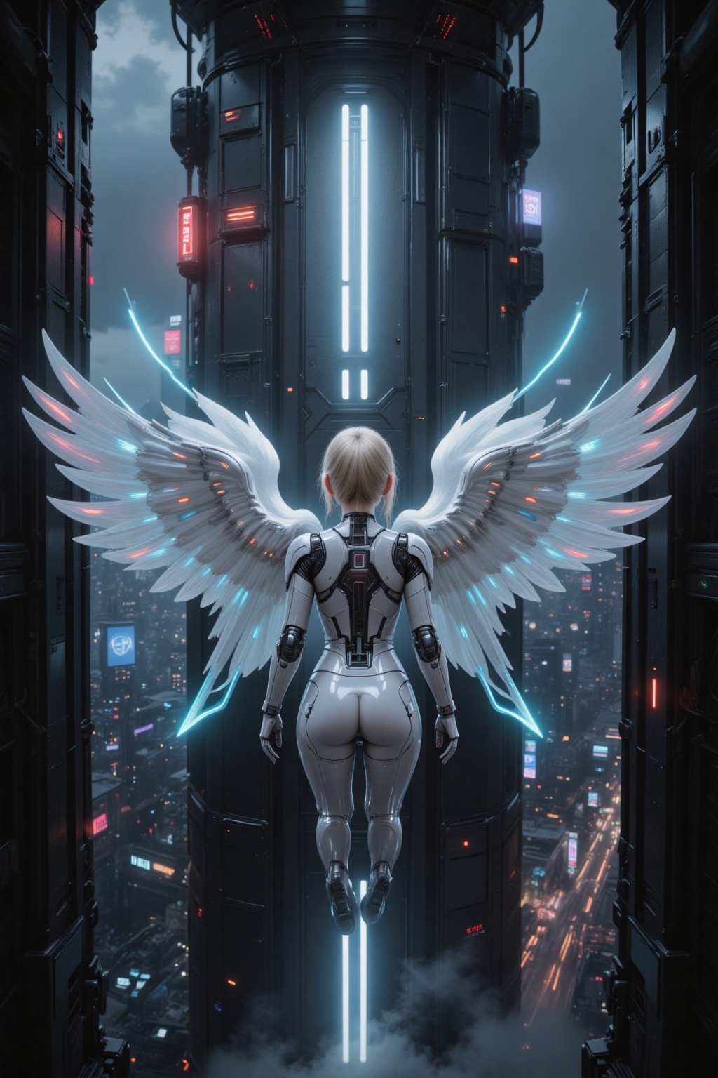 Captured entirely from behind,  a cyber angel girl floats serenely before a sealed elevator entrance embedded in the side...