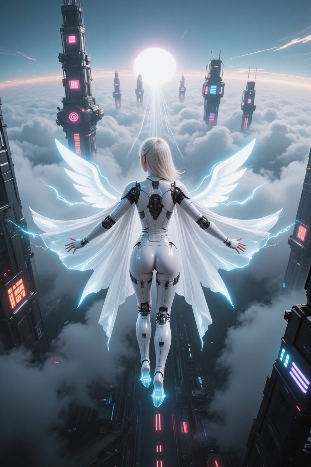You see from the first-person view of a white-haired cybernetic girl,  arms outstretched in flight,  her legs trailing tow...