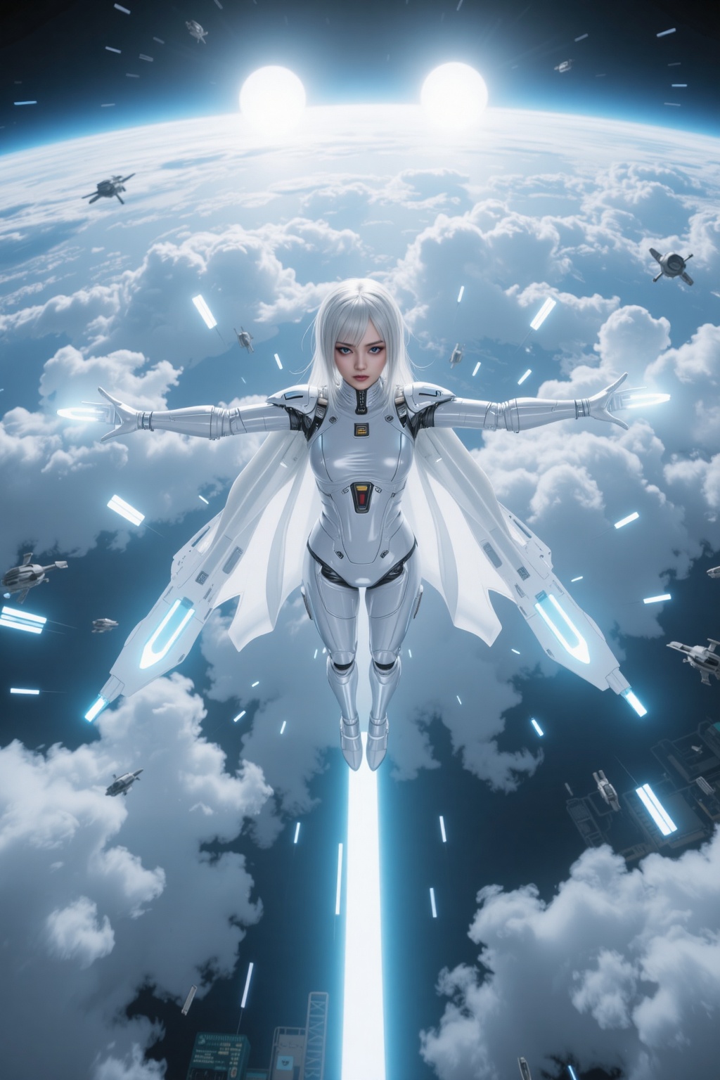 You see from the first-person view of a white-haired cybernetic girl,  arms outstretched in flight,  her legs trailing tow...