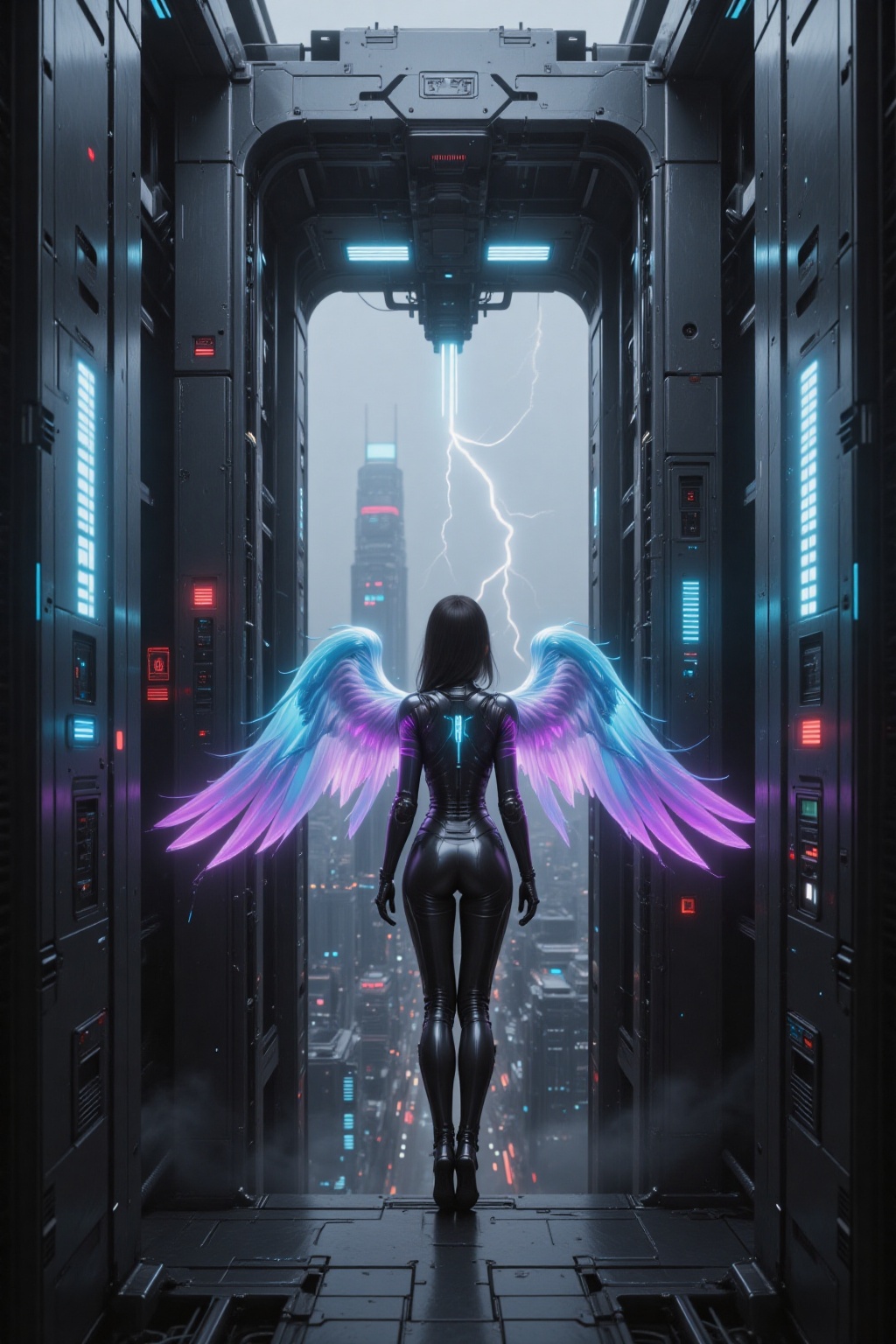A cyber angel girl is viewed directly from the back,  hovering effortlessly before an immense,  sealed elevator gate integ...