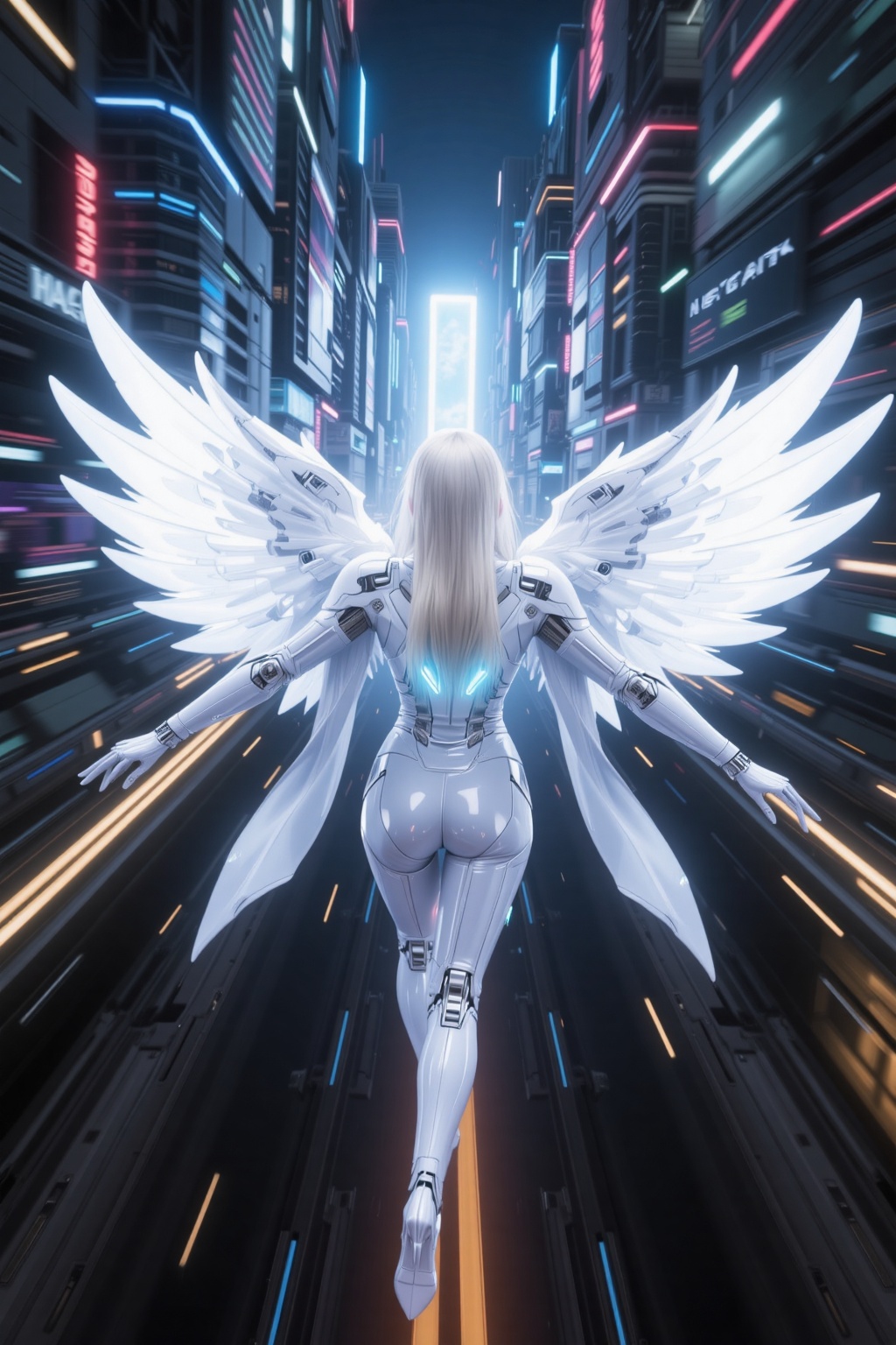 From a sleek first-person angle,  the view follows a cyber angel girl’s high-speed flight,  her armored legs visible at th...