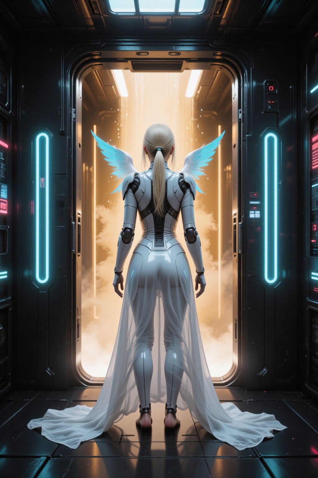 From a shoulder-level rear view,  a cyber angel girl stands motionless,  wings folded on Tensor.Art