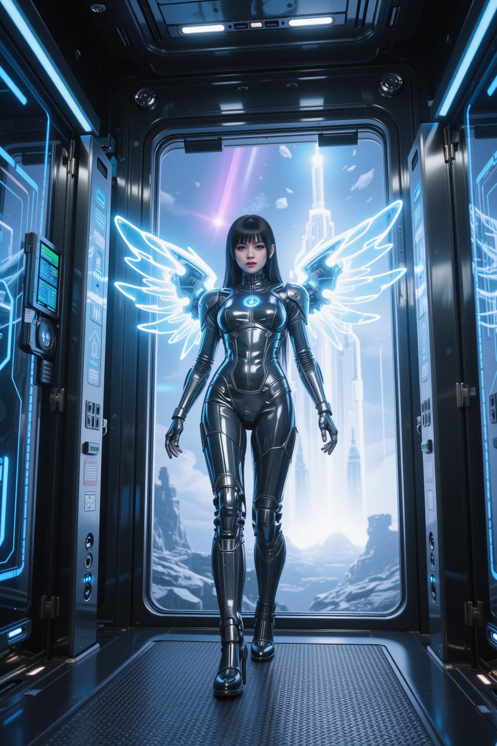A cyber angel girl with luminous mechanical wings,  sleek chrome armor adorned with glowing runes,  steps into a high-tech...