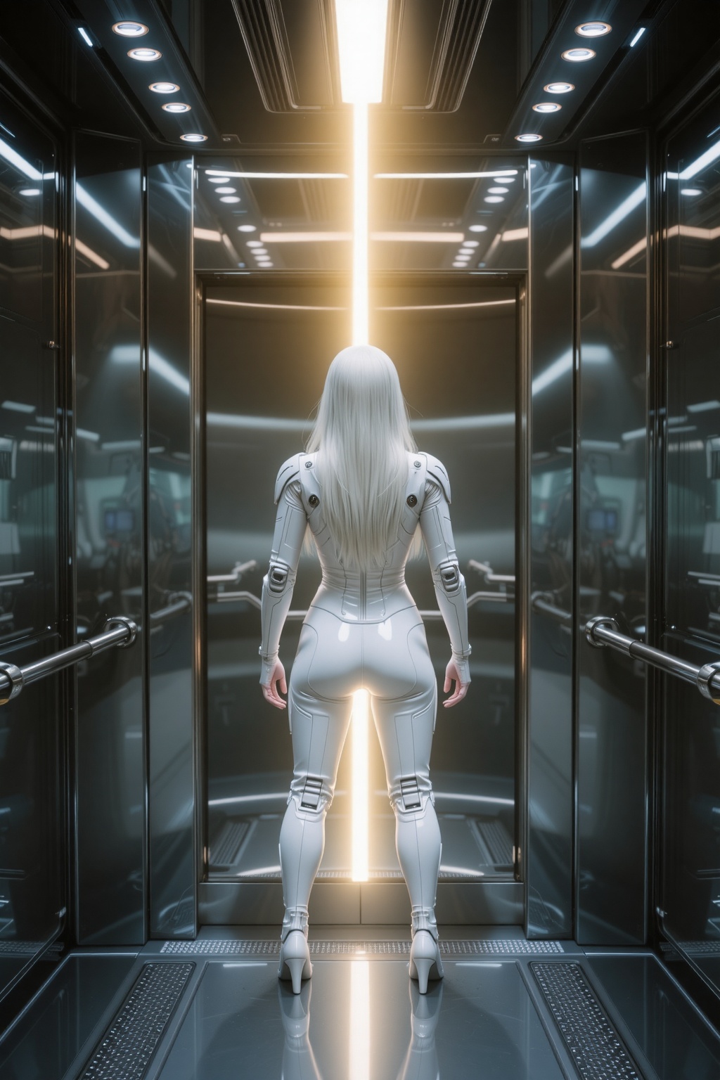 Seen entirely from behind,  a cyber girl with white hair stands in the center of a futuristic elevator crafted from polish...
