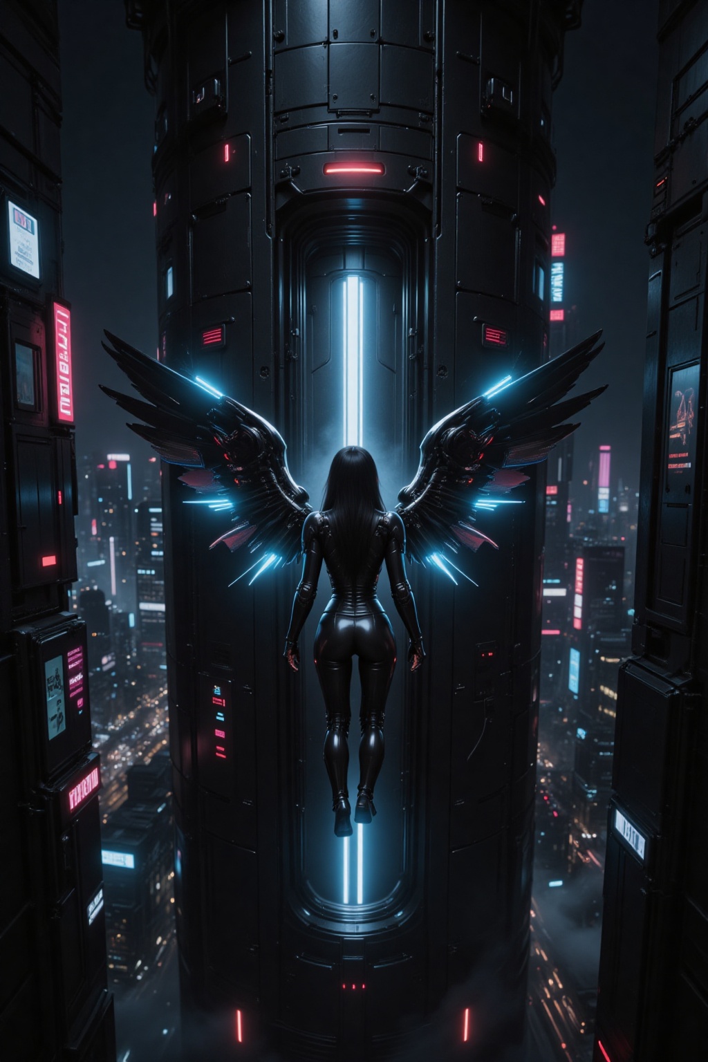 Seen entirely from behind,  a cyber angel girl hovers weightlessly in front of a towering,  armored elevator door mounted...