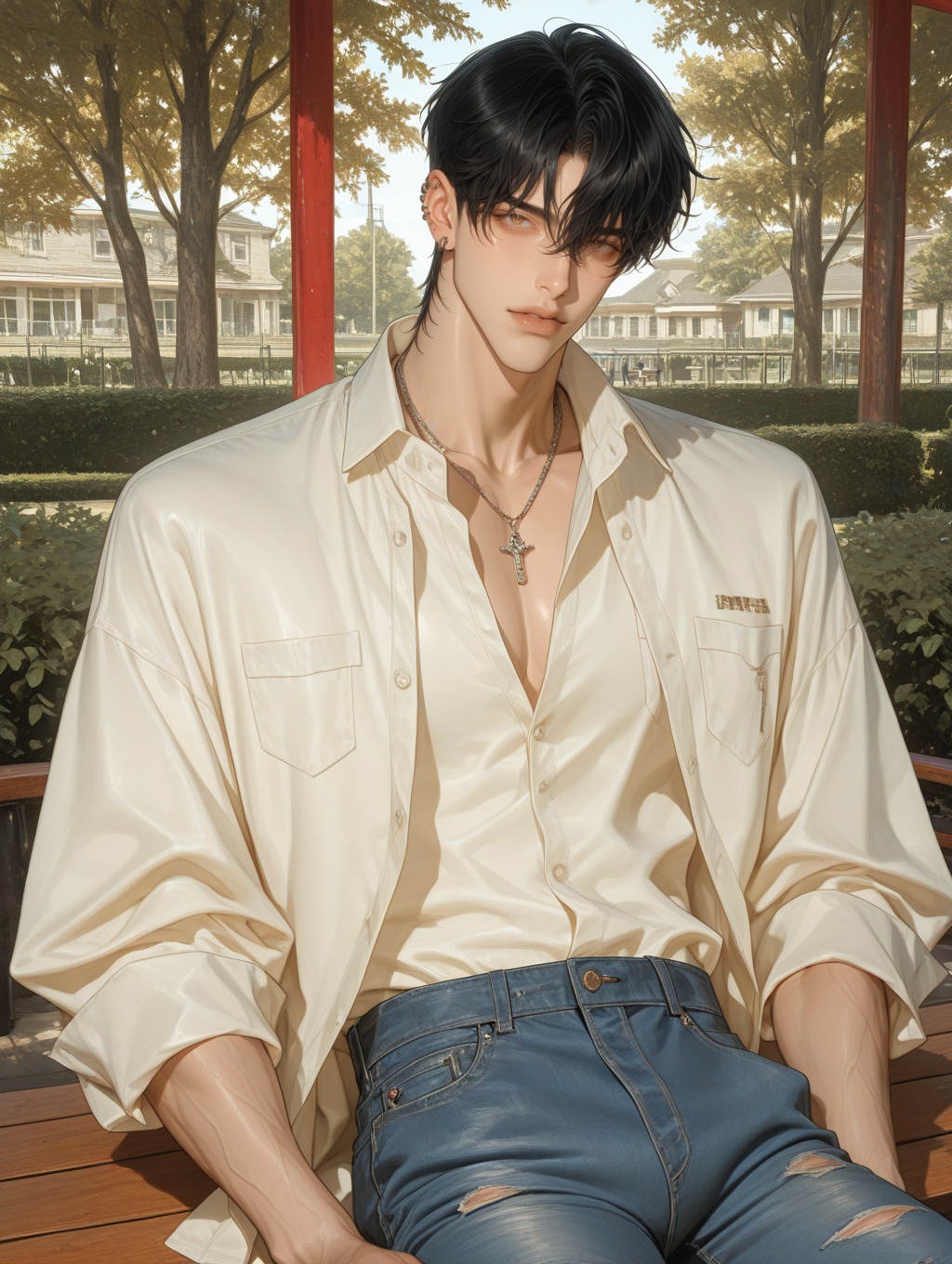 1 man,  Solo man,  A handsome young man with neck-length black hair on Tensor.Art