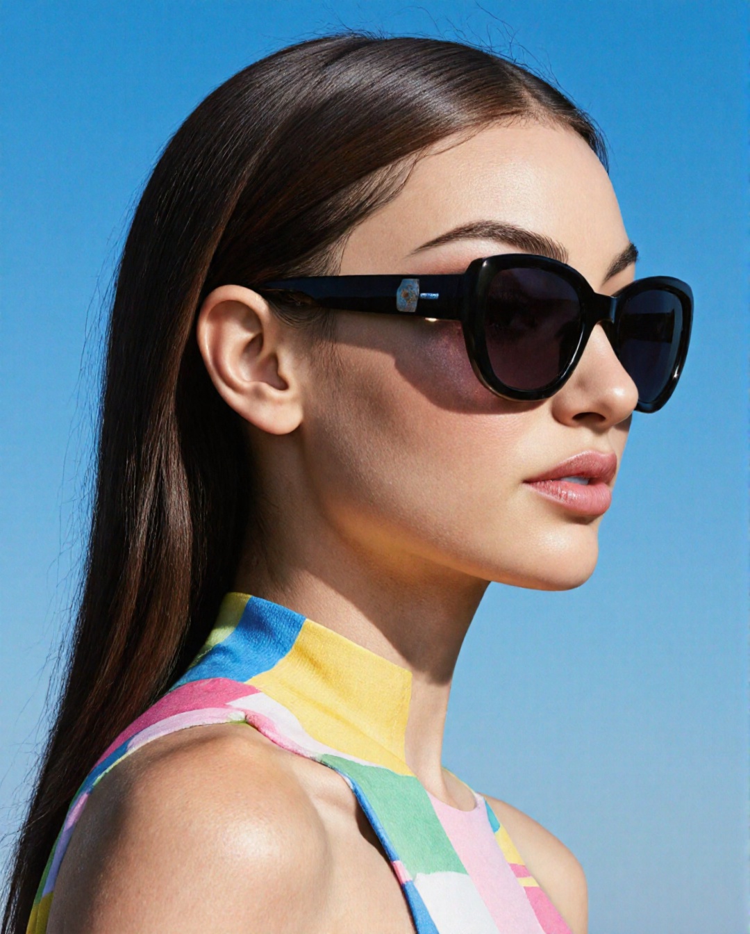 A side portrait of a French supermodel with straight focus. She wears pastel bold geometric patterns,  futuristic oversize...