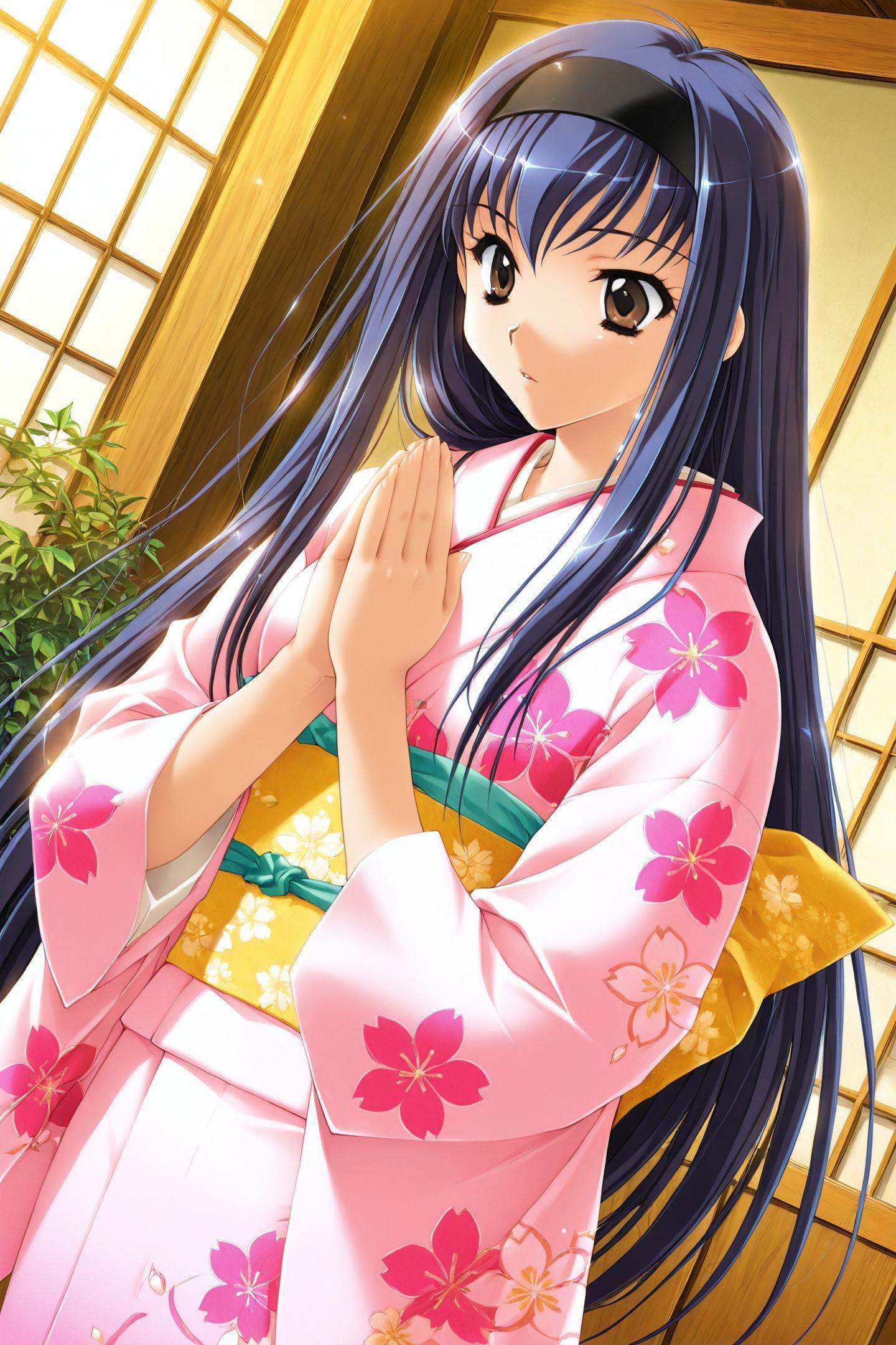 Game CG Style,Takatoo Nanase,japanese clothes,1girl,kimono,brown eyes,dutch angle,long hair,purple hair,floral print,blue hair,praying,solo,hairband,<lora:Kadoi Aya_illustriousXL:0.8>,
