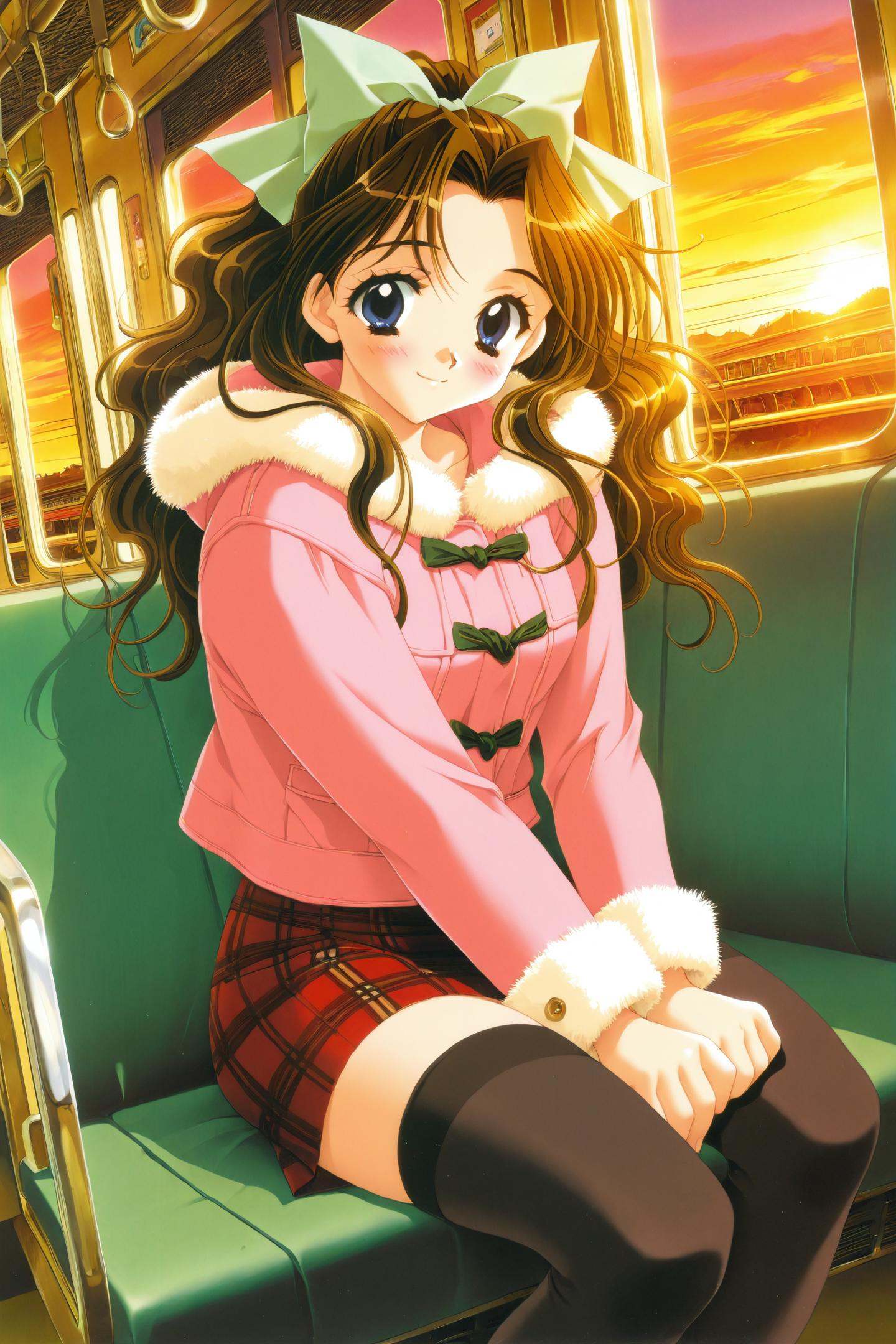 Kadoi Aya Style,Shirai Yuuri,1girl,solo,thighhighs,blue eyes,brown hair,long hair,skirt,blush,sunset,sitting,plaid skirt,smile,dutch angle,plaid,train interior,green bow,hair bow,zettai ryouiki,looking at viewer,fur trim,<lora:Kadoi Aya_illustriousXL:0.8>,