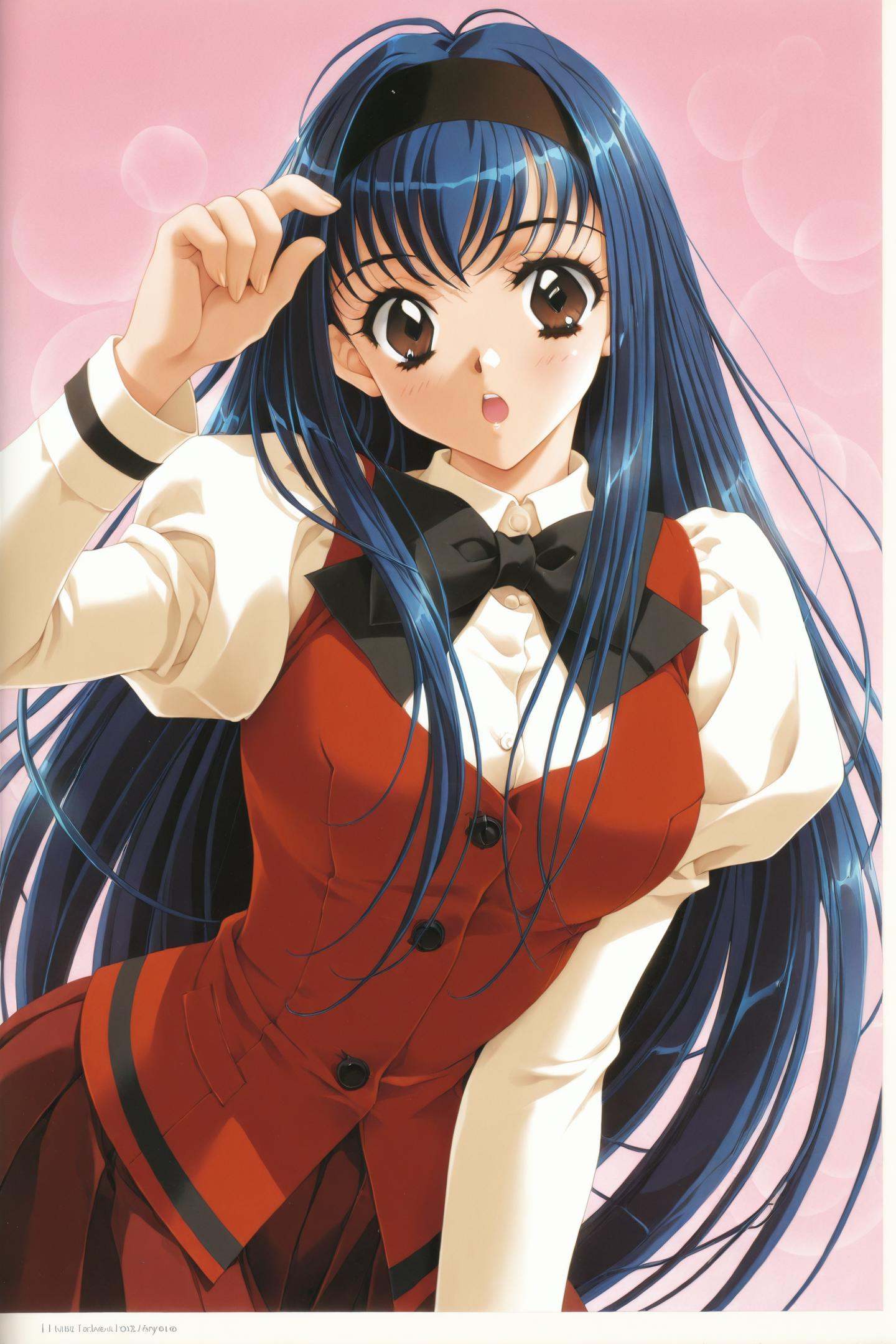 Kadoi Aya Style,Takatoo Nanase,1girl,solo,long hair,blue hair,red school uniform,hairband,brown eyes,black bow,open mouth,very long hair,skirt,long sleeves,white shirt,white sleeves,<lora:Kadoi Aya_illustriousXL:0.8>,