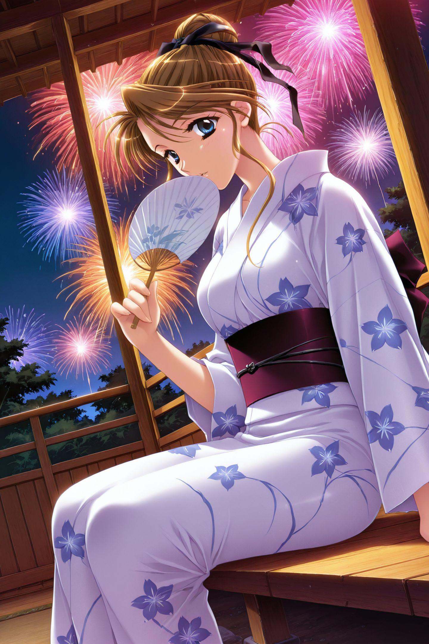 Game CG Style,Fumi Yokomizo,1girl,solo,fireworks,japanese clothes,kimono,aerial fireworks,hand fan,paper fan,brown hair,uchiwa,dutch angle,yukata,sitting,night,hair bun,black ribbon,hair ribbon,veranda,blue eyes,<lora:Kadoi Aya_illustriousXL:0.8>,
