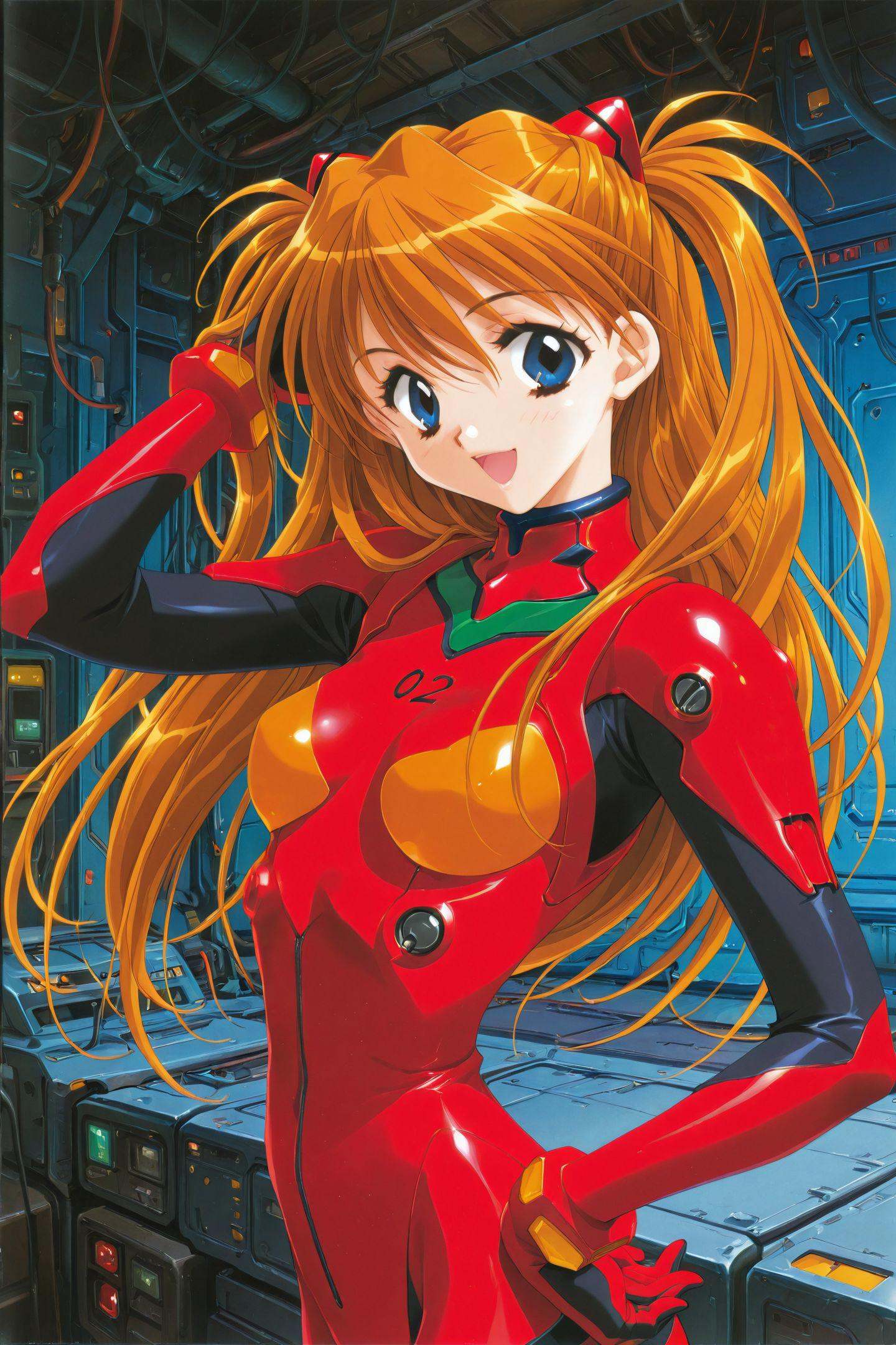 Kadoi Aya Style,1girl,long hair,plugsuit,bodysuit,souryuu asuka langley,pilot suit,bracer,blue eyes,smile,open mouth,breasts,bangs,turtleneck,solo,cowboy shot,:d,hair between eyes,gloves,red bodysuit,small breasts,looking at viewer,headgear,two side up,hand on hip,skinny,adjusting hair,narrow waist,standing,orange hair,science fiction,hand up,hair ornament,happy,from side,skin tight,<lora:Kadoi Aya_illustriousXL:1>,