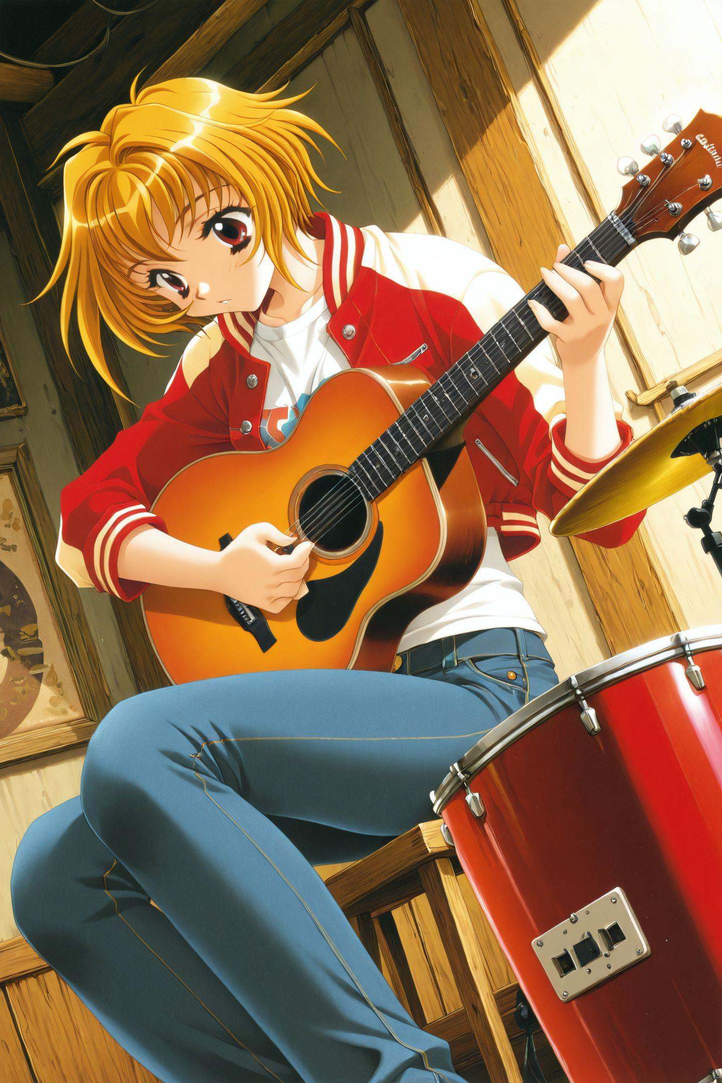 Kadoi Aya Style,Horiide Mika,1girl,instrument,guitar,blonde hair,red eyes,jacket,jeans,solo,raglan sleeves,acoustic guitar,pants,denim,short hair,dutch angle,music,playing instrument,sitting,drum,<lora:Kadoi Aya_illustriousXL:0.8>,