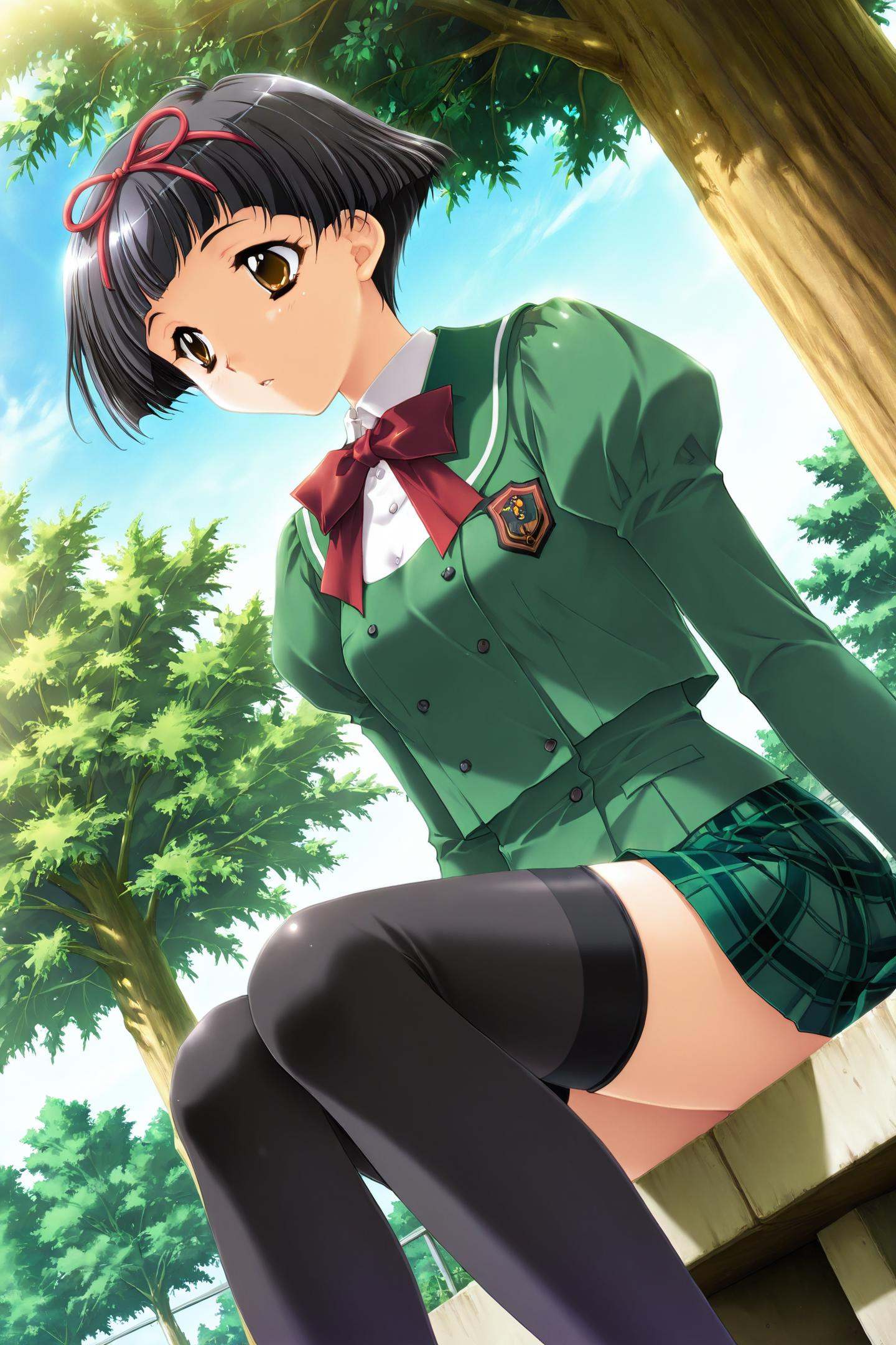 Game CG Style,Ibuse Okie,1girl,solo,thighhighs,green school uniform,short hair,brown eyes,black hair,green skirt,plaid skirt,dutch angle,plaid,day,black thighhighs,ribbon,sitting,outdoors,sky,tree,jacket,<lora:Kadoi Aya_illustriousXL:0.8>,