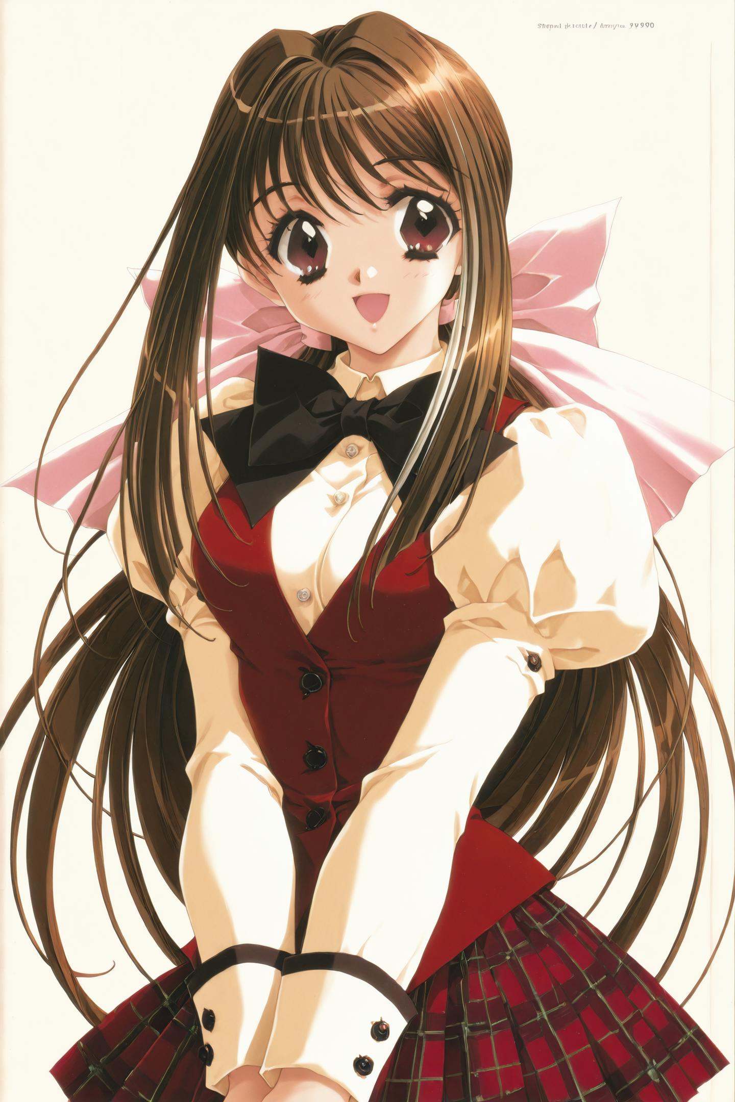 Kadoi Aya Style,1990s \(style\),Saimon Tamaki,1girl,solo,brown hair,school uniform,long hair,skirt,bow,plaid,open mouth,plaid skirt,smile,brown eyes,red eyes,long sleeves,white hair ribbon,simple background,v arms,<lora:Kadoi Aya_illustriousXL:1>,