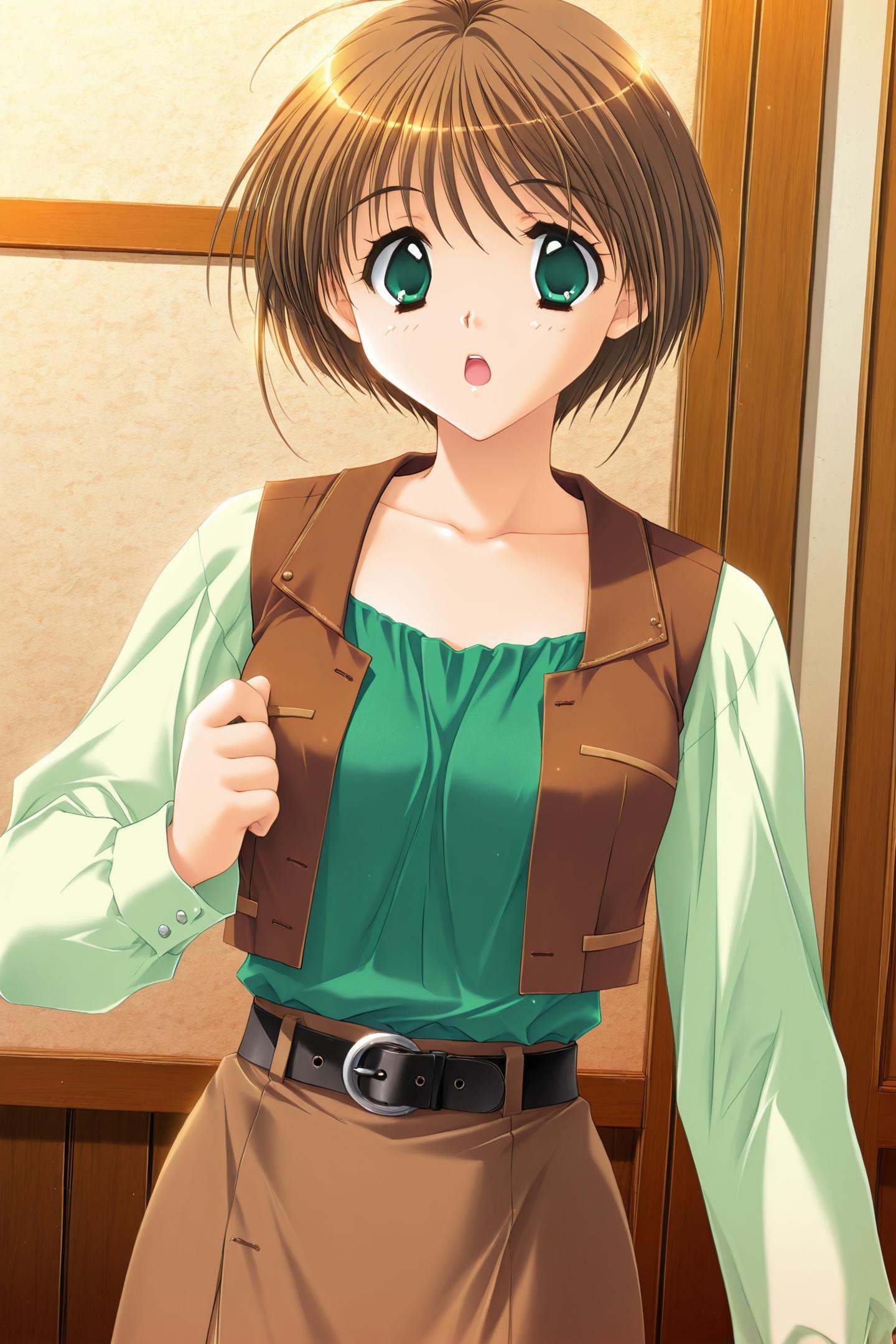 Game CG Style,Kazuki Sawamura,1girl,solo,green eyes,brown hair,short hair,brown vest,belt,brown skirt,green shirt,open mouth,long sleeves,open clothes,<lora:Kadoi Aya_illustriousXL:0.8>,