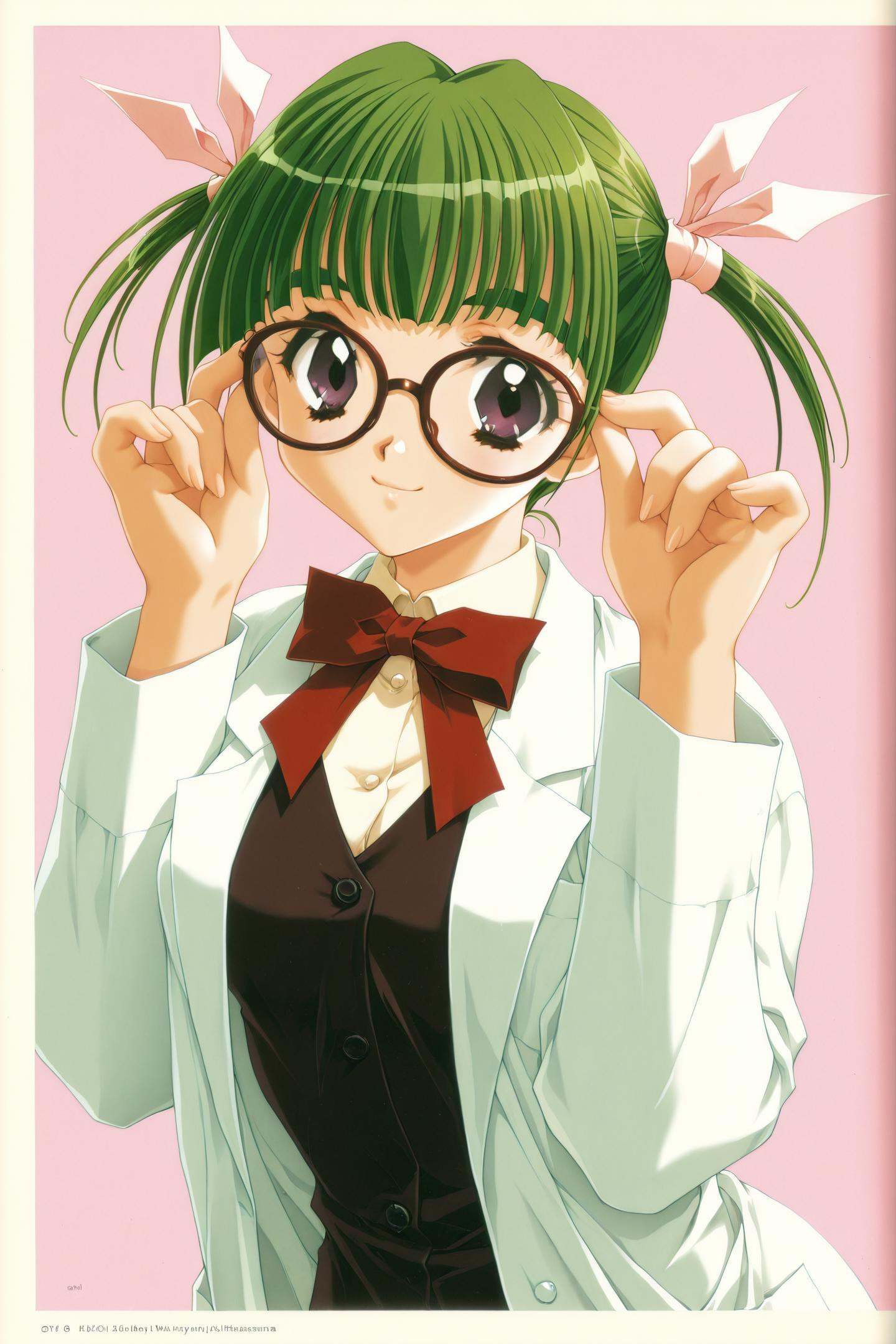 Kadoi Aya Style,Hiroko Hirasawa,1girl,solo,lab coat,glasses,twintails,hair ribbon,ribbon,short twintails,short hair,smile,green hair,looking at viewer,long sleeves,adjusting eyewear,<lora:Kadoi Aya_illustriousXL:0.8>,