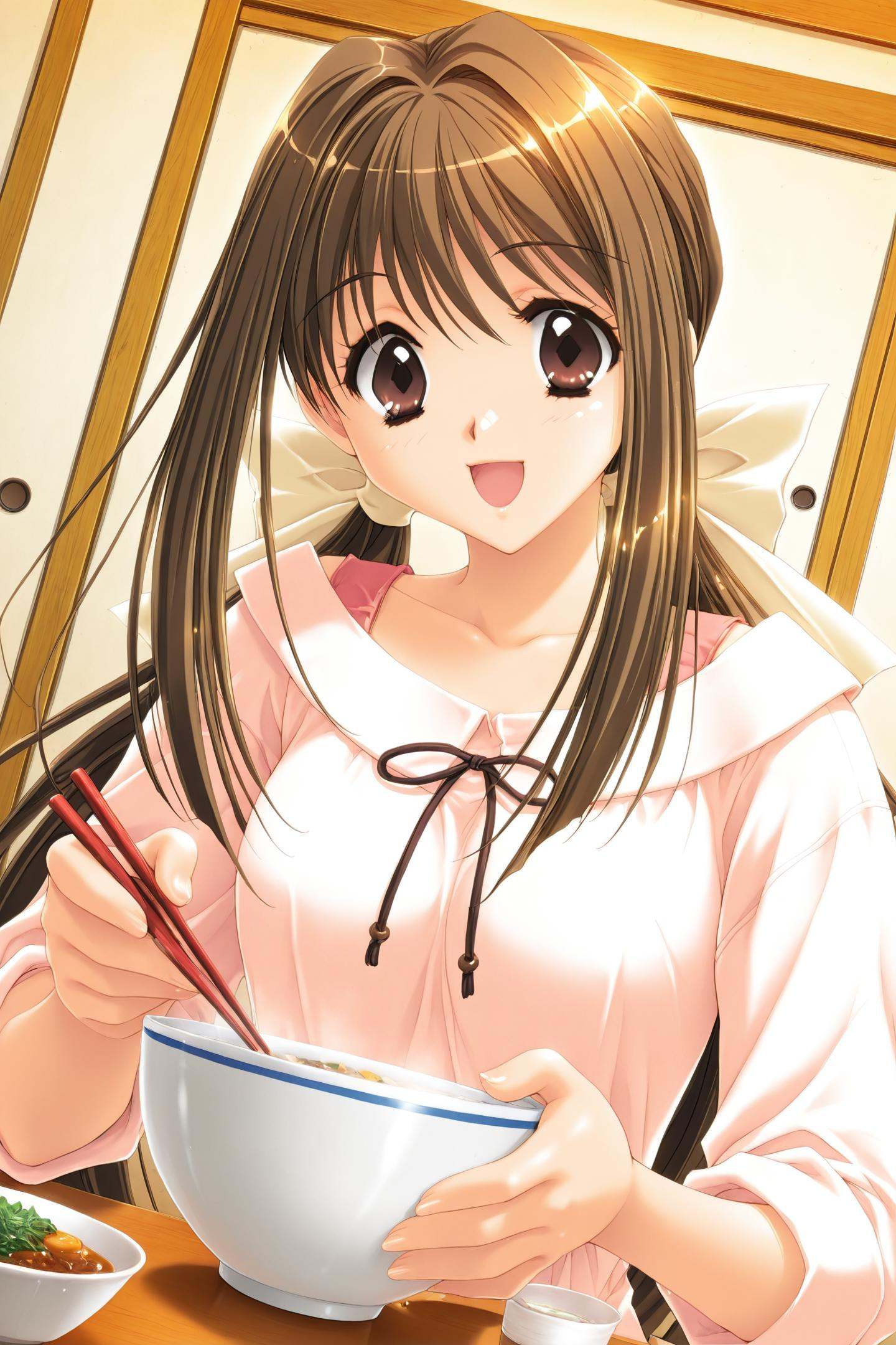 Game CG Style,Saimon Tamaki,1girl,solo,brown hair,food,long hair,chopsticks,twintails,brown eyes,dutch angle,smile,open mouth,bowl,<lora:Kadoi Aya_illustriousXL:0.8>,