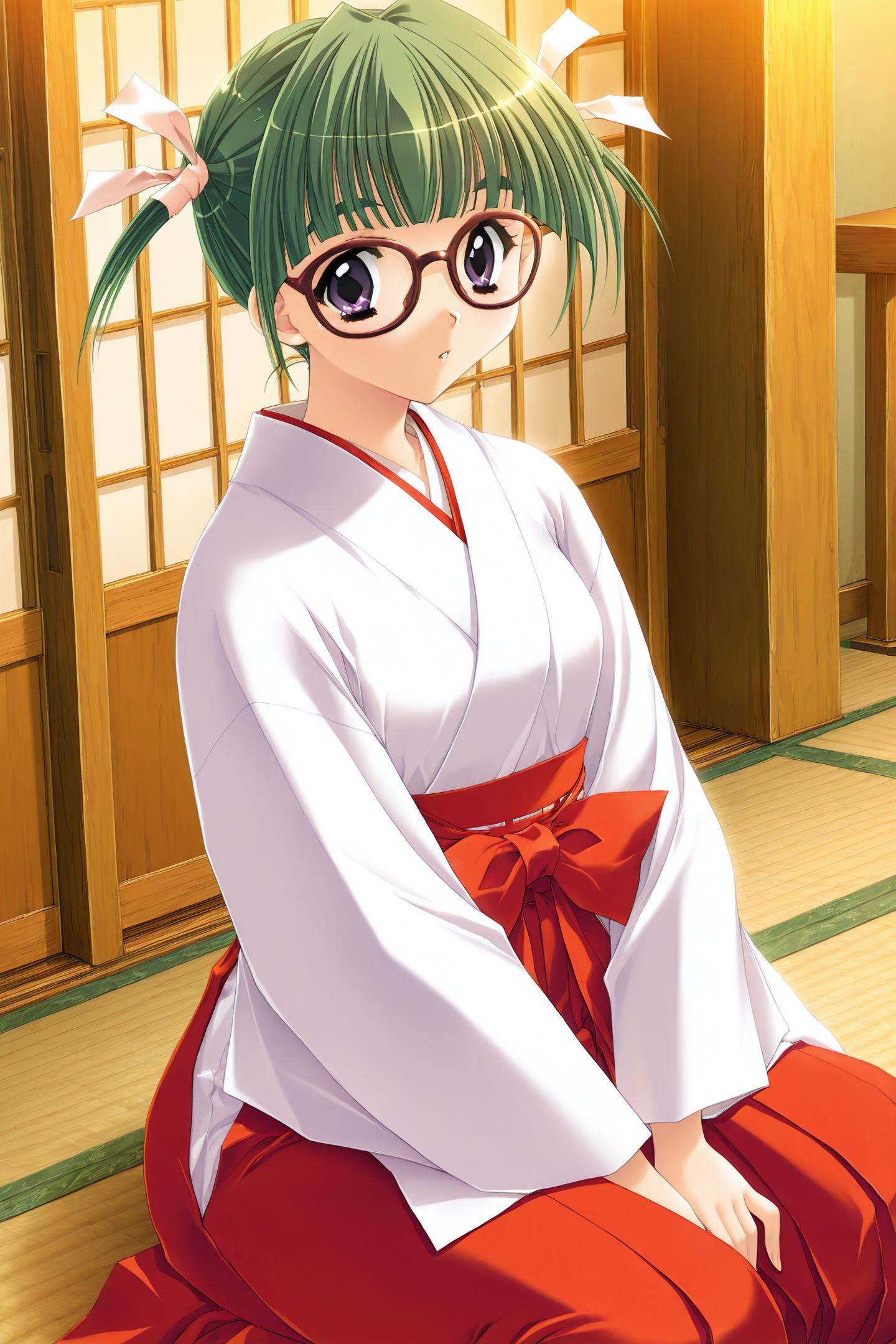 Game CG Style,Hiroko Hirasawa,1girl,solo,green hair,japanese clothes,miko,glasses,red hakama,hakama,hakama skirt,skirt,short hair,purple eyes,sitting,<lora:Kadoi Aya_illustriousXL:0.8>,