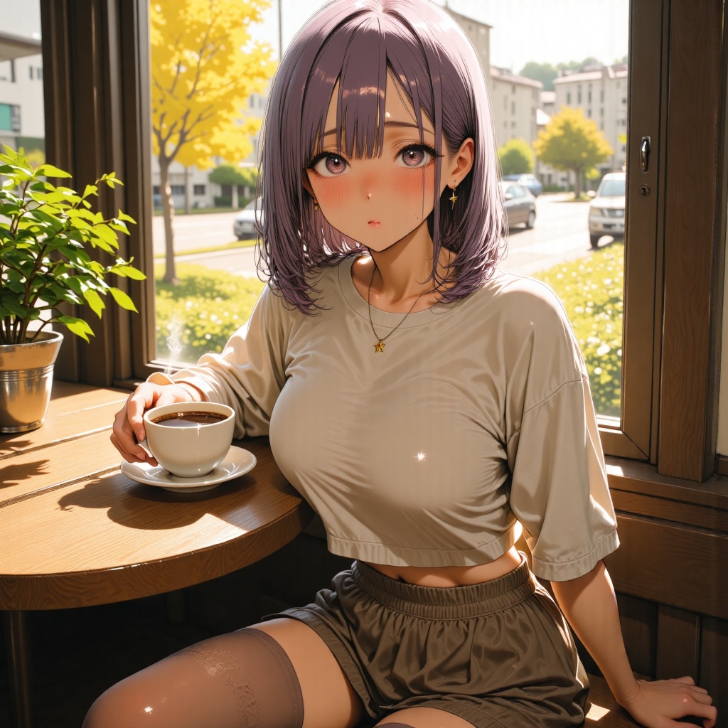 A hyper-realistic anime-style digital masterpiece of a 20-year-old young woman with short,  tousled lavender hair adorned...