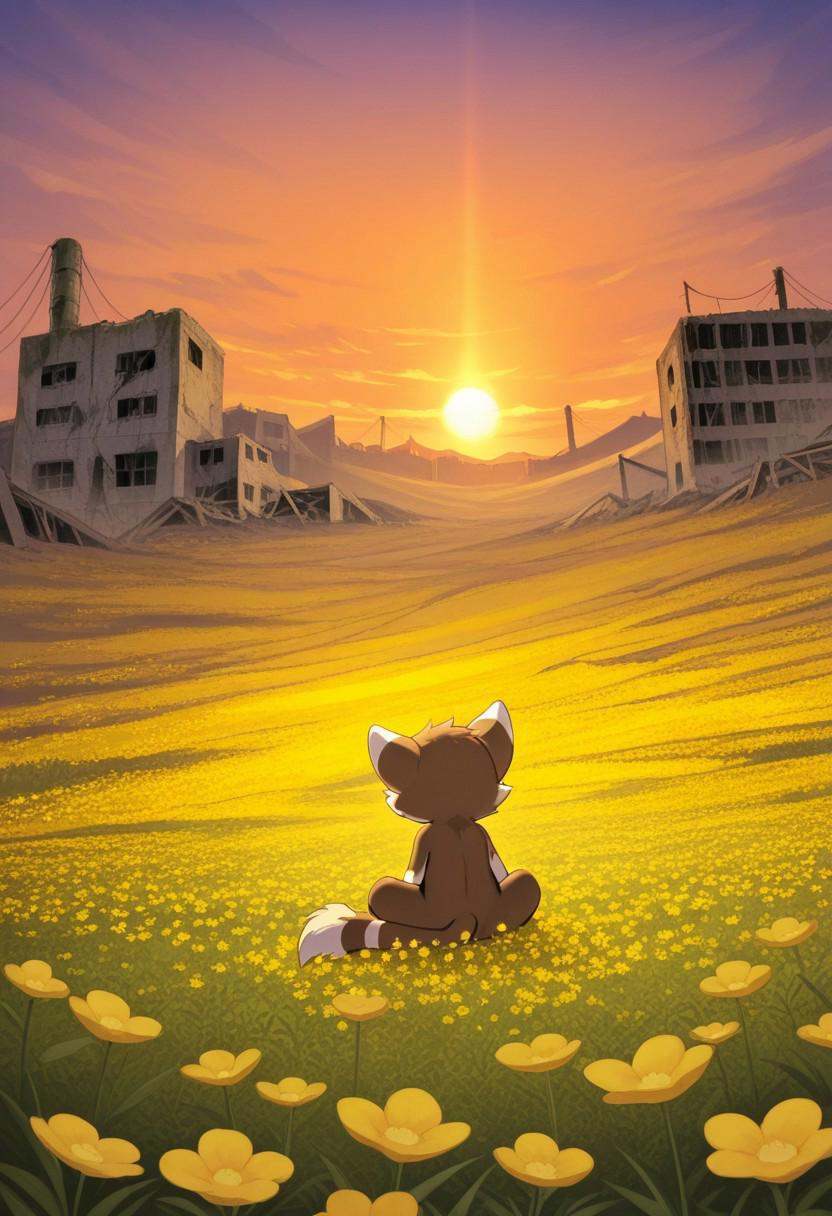 A post-apocalyptic scene featuring a furry male sitting peacefully in a field of vibrant yellow flowers under a warm sunse...