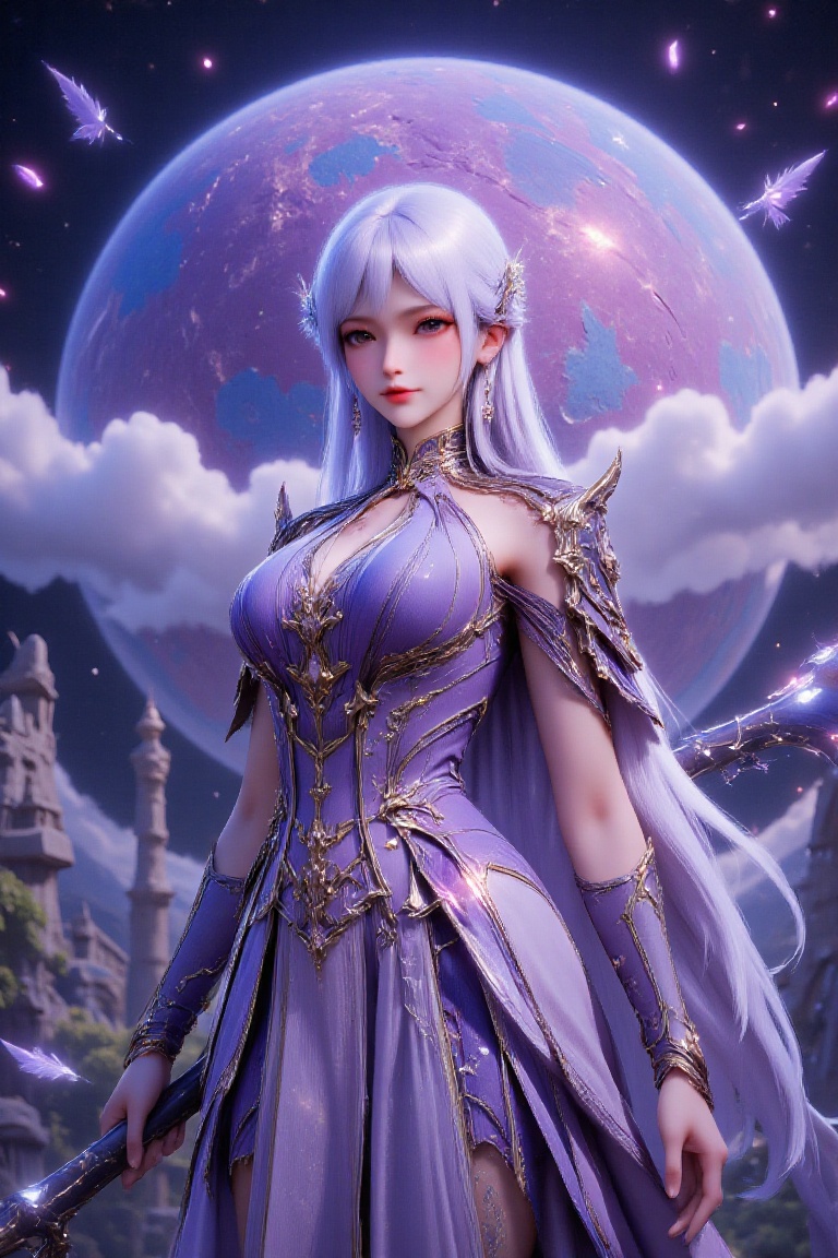 The image portrays a highly detailed and fantastical female character with long,  flowing silver hair,  set against a drea...