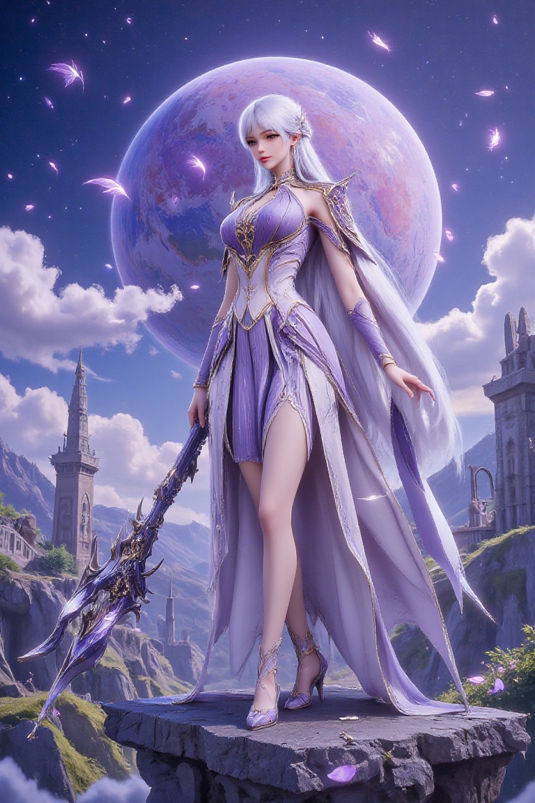 The image portrays a highly detailed and fantastical female character with long,  flowing silver hair,  set against a drea...