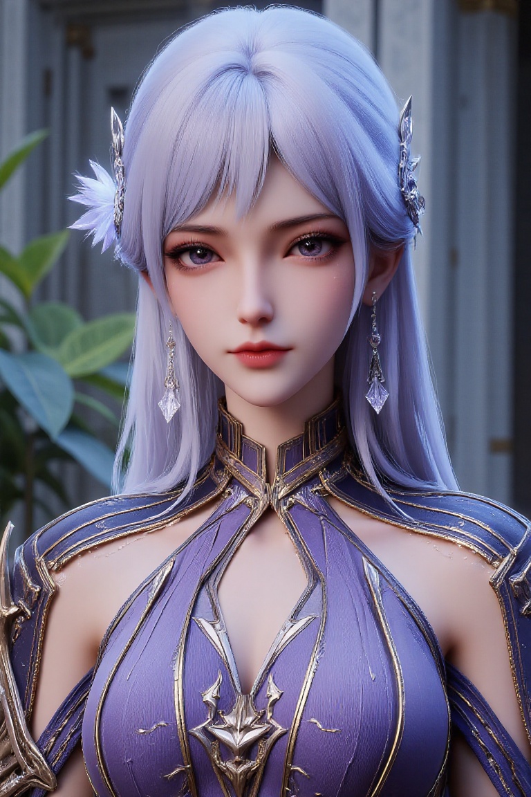 The image depicts a highly detailed and fantastical female character with striking features. She has long,  flowing lavend...