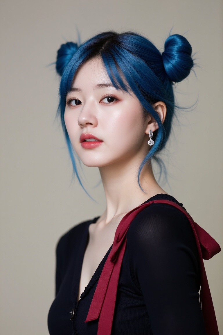 This is a close-up,  character-driven portrait of a striking individual with vivid blue hair styled into two symmetrical b...