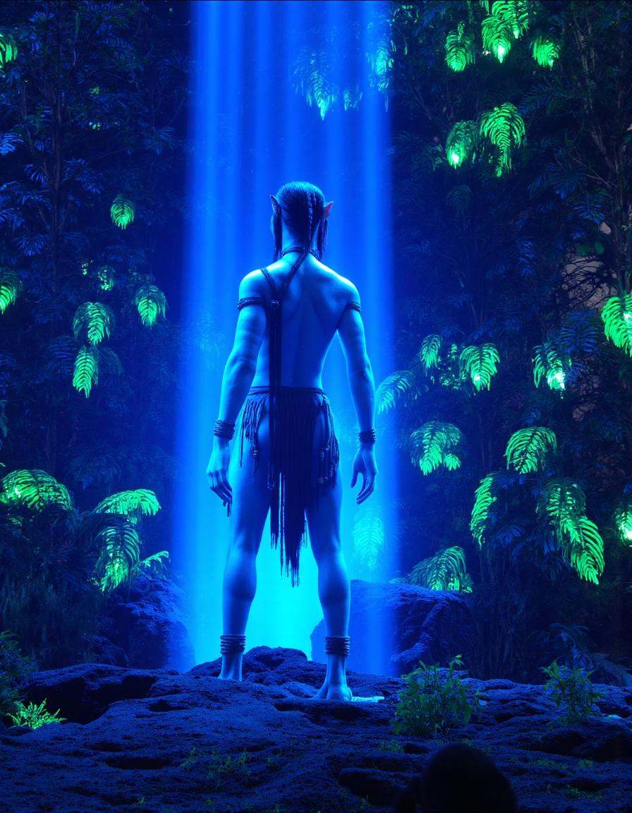avatarlora,  A Na'vi warrior standing in a glowing bioluminescent forest on Pandora,  surrounded by vibrant plants on Tens...